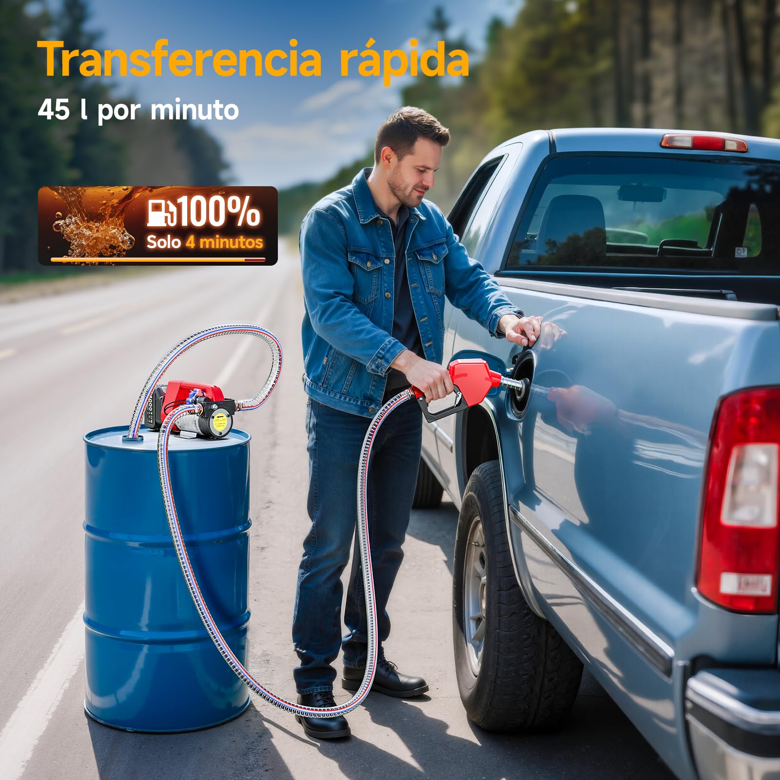 Bomba de Trasvase Diesel a Batería 21V: Caudal 45 L/min, bomba de combustible eléctricas para diésel y queroseno, con batería de 2 x 4,0 Ah, boquilla y 2 mangueras de 2 m - Para camiones y tractores