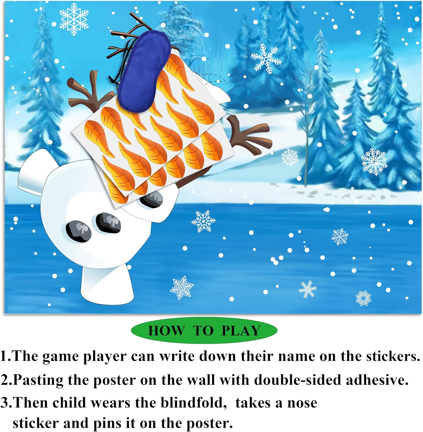 Pin The Nose on The Snowman Game for Kids Christmas Party Game for Kids Snowman Pin Game with 24Pcs Nose Stickers Birthday Party Supplies Activities