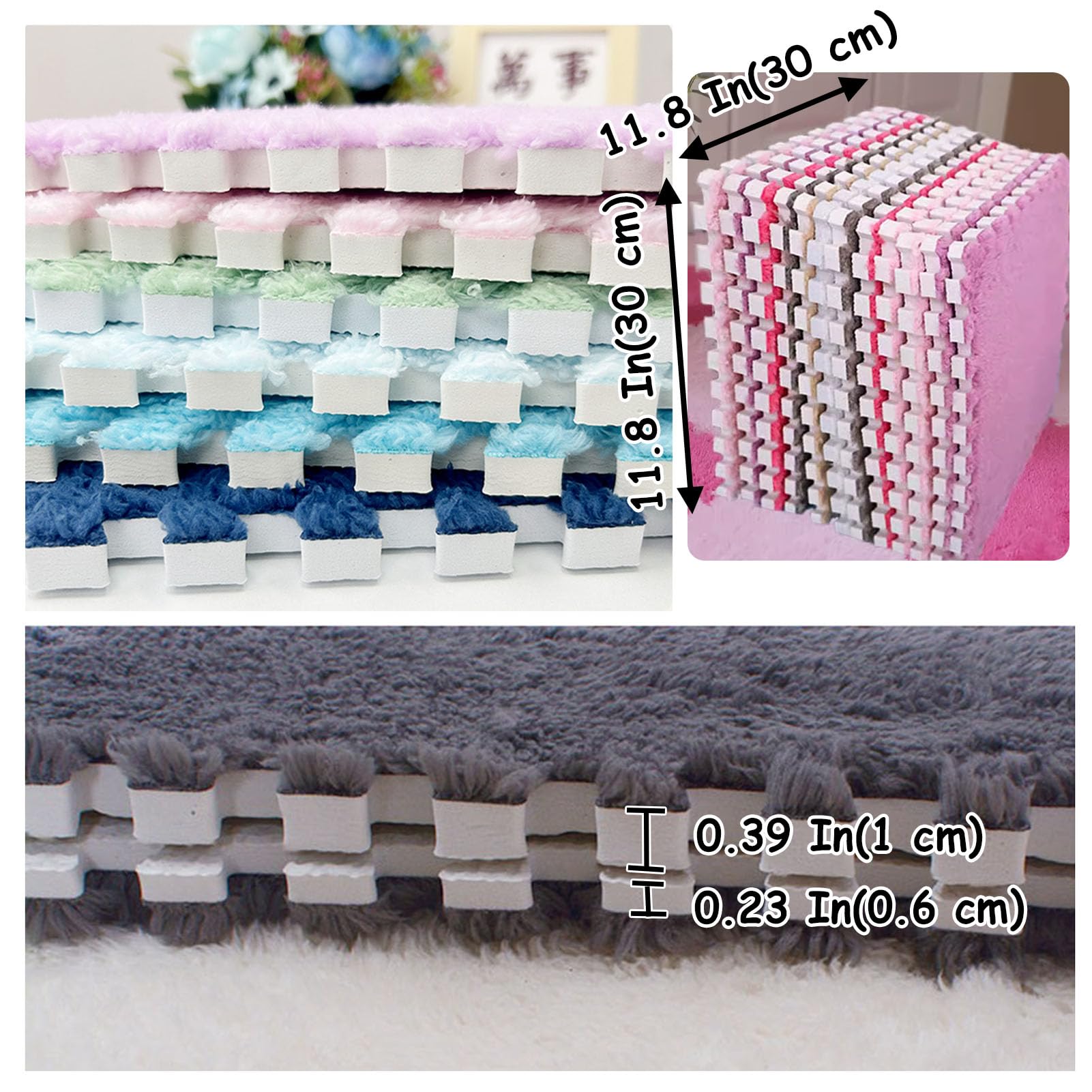 Flauschiger, weicher Plüsch-Teppich – 2,1 x 2,4 m große, ineinandergreifende Schaumstoff-Teppichfliesen, Puzzlematten für Schlafzimmer und Spielzimmer, 56 graue und blaue Bodenmatten, rutsch