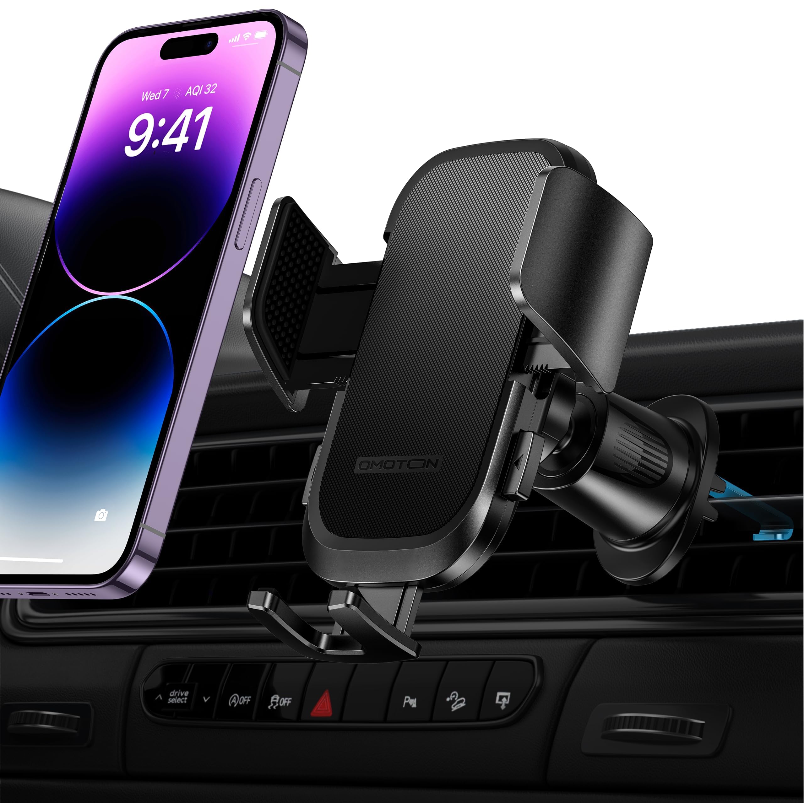OMOTON Car Phone Holder, Air Vent 360°Rotation Universal Car Phone Mount Cradle with Super Stable Hook Clip - One Button Compatible with All Phones, Black