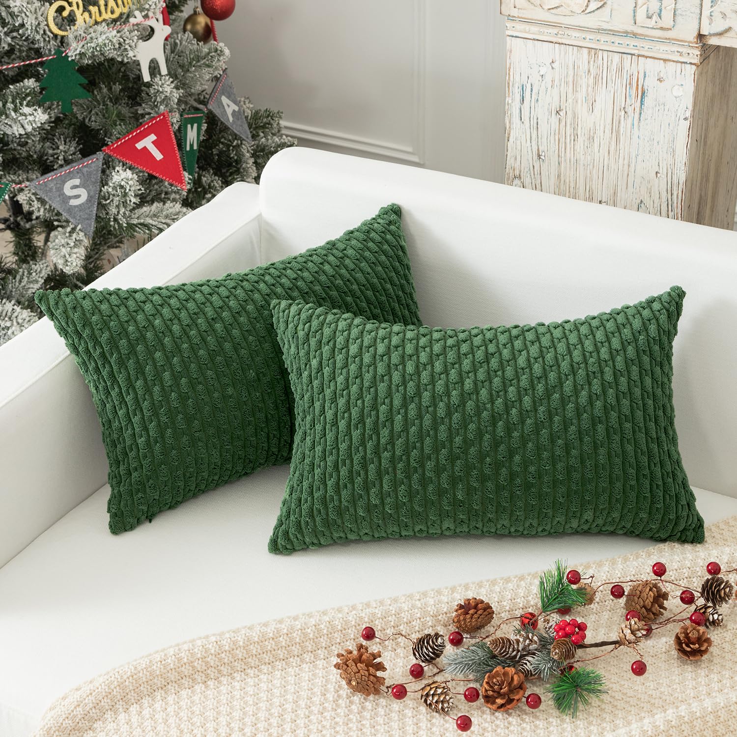 Kevin Textile Boho Cushion Covers 30 x 50 cm Set of 2 Soft Striped Corduroy Decorative Rectangular Lumbar 12x20 Inch Pillowcases with Invisible Zipper for Chair Couch Sofa Bedroom, Dark Green