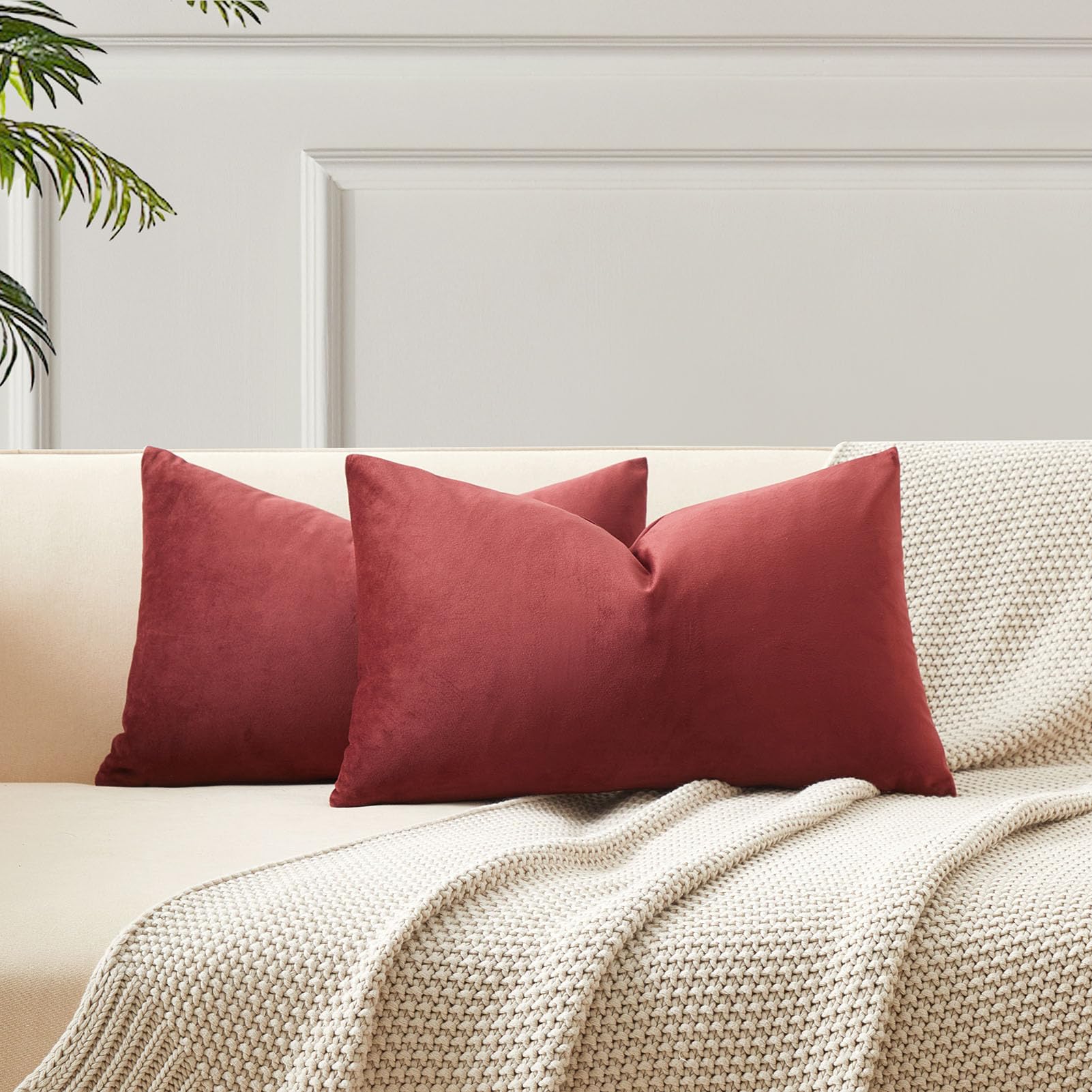 JUSPURBET 12x20 Lumbar Velvet Throw Pillow Covers Set of 2,Dark Red