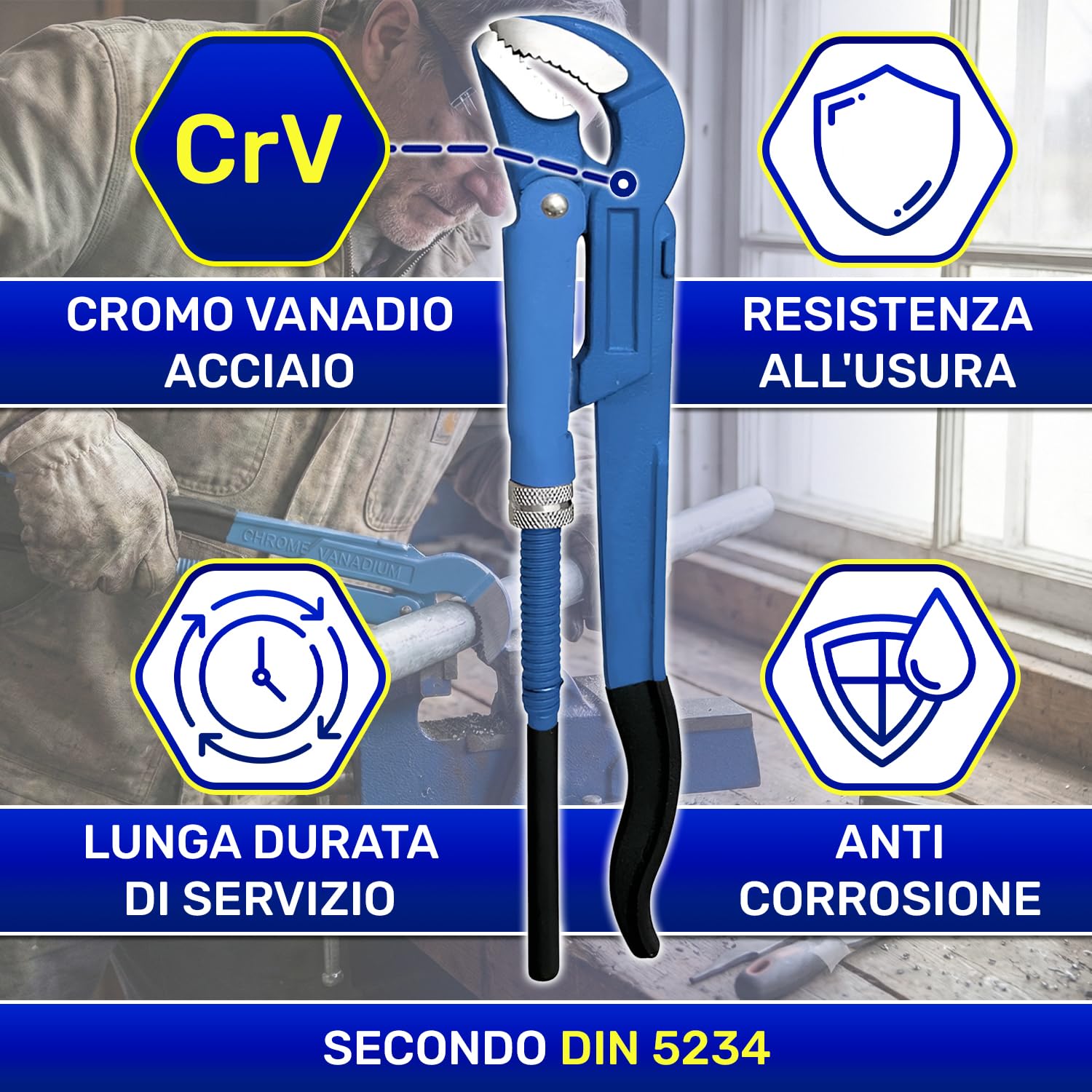 MONTERAL Pappagallo Idraulico da 1 1/2" Tipo S 430 mm - Chiave a Pappagallo è Realizzata in Acciaio Legato al Cromo-Vanadio CrV - Conforme alla Norma DIN 5234
