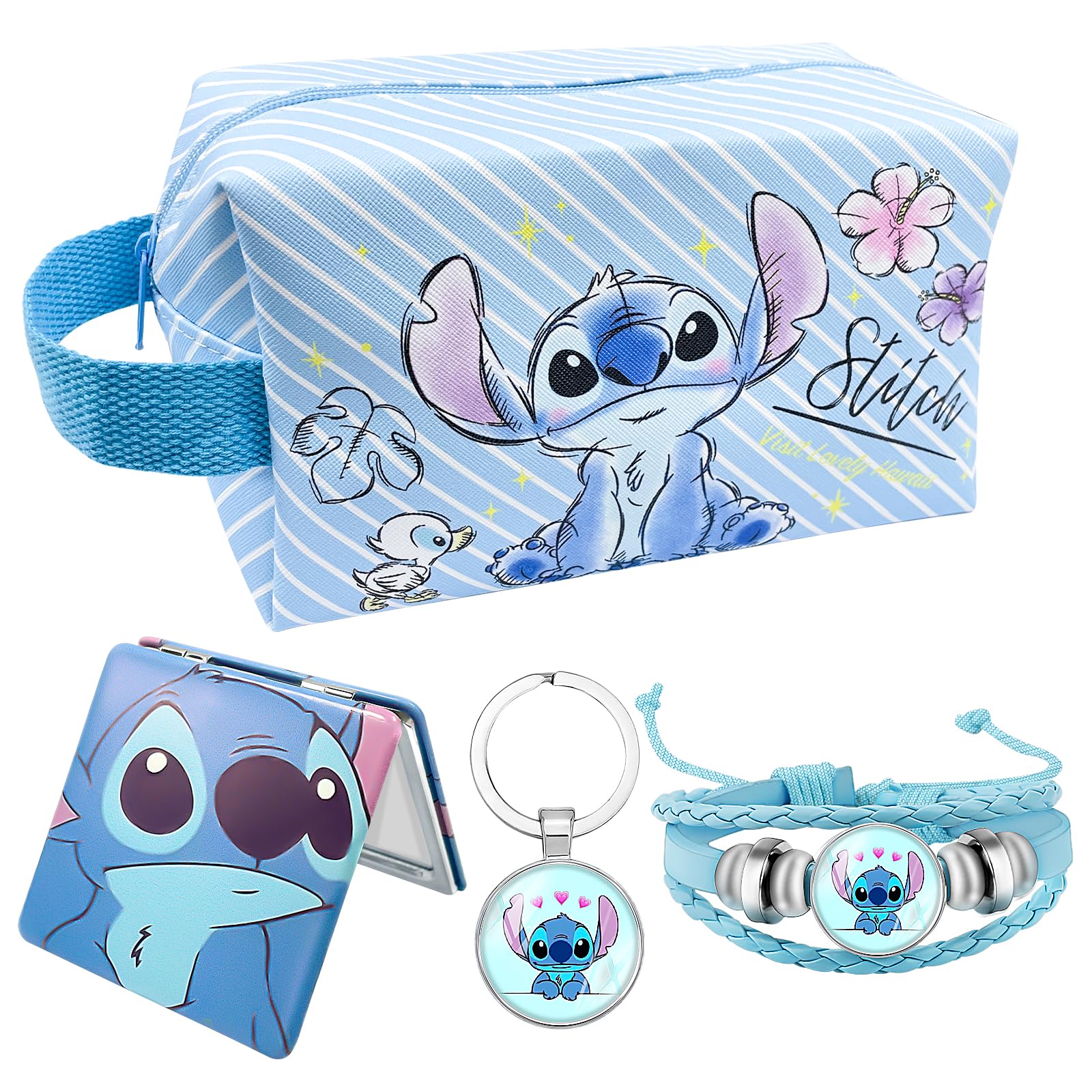 Ubephant Nneceser Stitch, Bolsa de Maquillaje de Dibujos Animados, Stitch Bolso NiñA Dibujos Animados, Bolsa de Aseo de Viaje para CosméTicos, Resistente Al Agua, con Llavero Y Pulsera, Espejo（Azul）