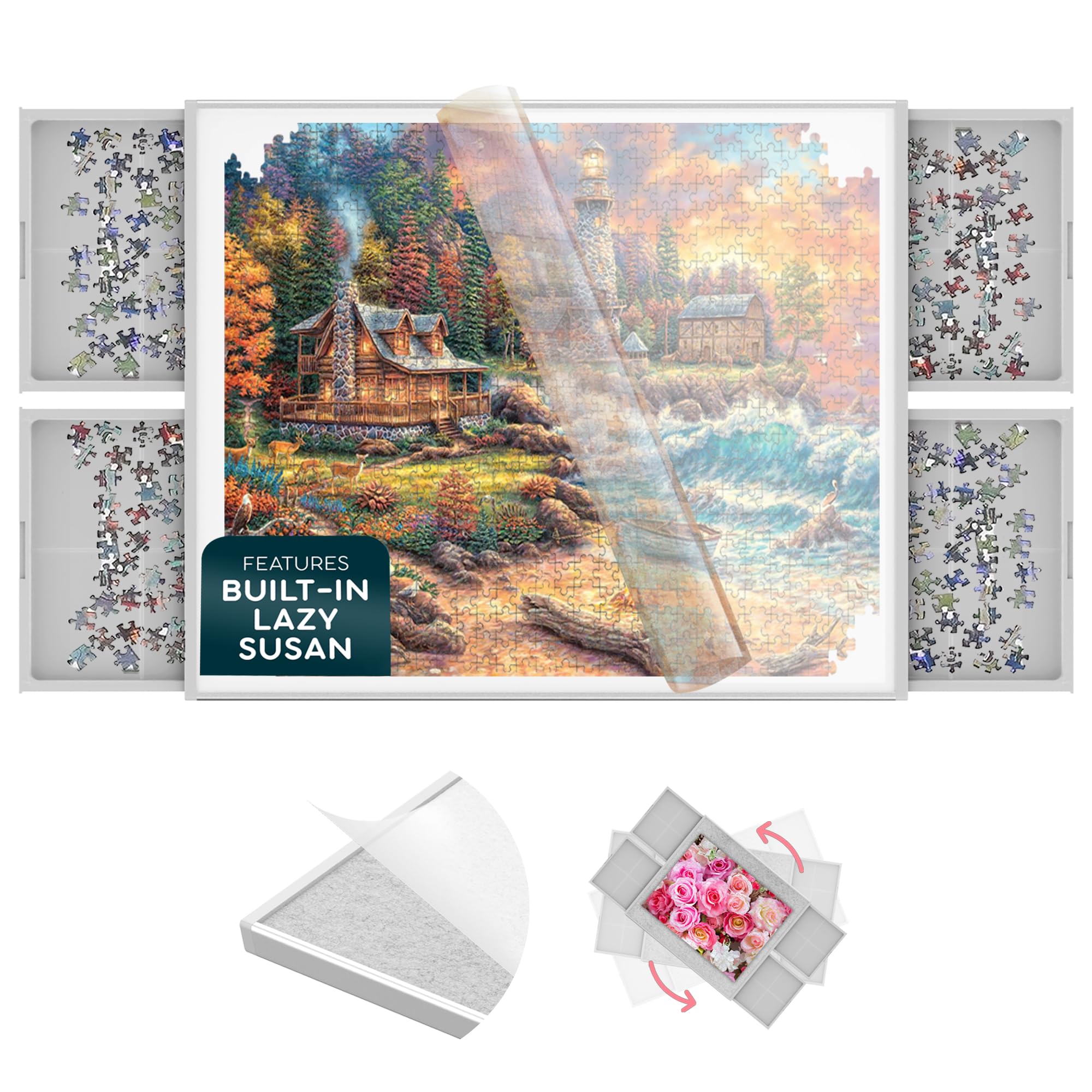 ( incomplete) 1500 Piece Jigsaw Puzzle Board - 360° Rotating Jigsaw Puzzle Table with Drawers | 35” X 28” Portable & Dual Sided Board | Plastic Cover Included - Puzzles Tables for Adults