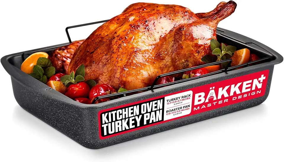 BAKKEN Nonstick Turkey Roasting Pan with Rack – 17 X 13 inch, Large Heavy-Duty Carbon Steel Roasting Pan, Wide Handles, Versatile for Baking, Grilling, &amp; Roasting, Oven Safe Up to 450°F, Gray Marb
