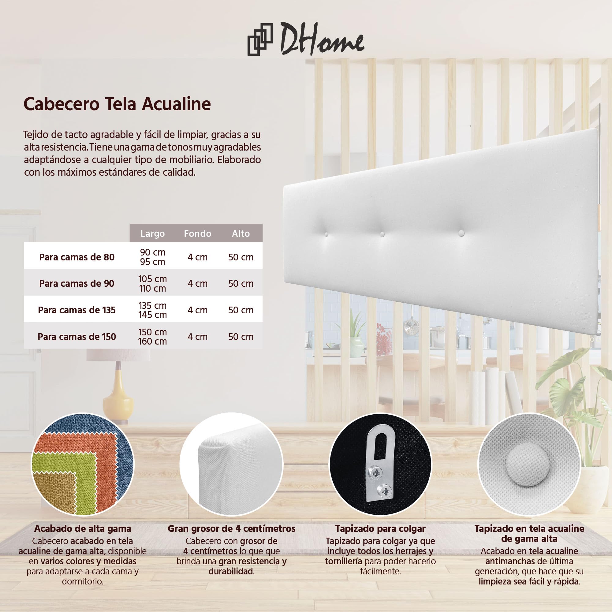 DHOME Tête de Lit en Similicuir ou Tissu Acualine - Luxe Moderne avec Boutons Rembourrés Haut de Gamme pour Chambre à Coucher (Tissu Blanc, 145x50cm pour Lits 120/135/140)
