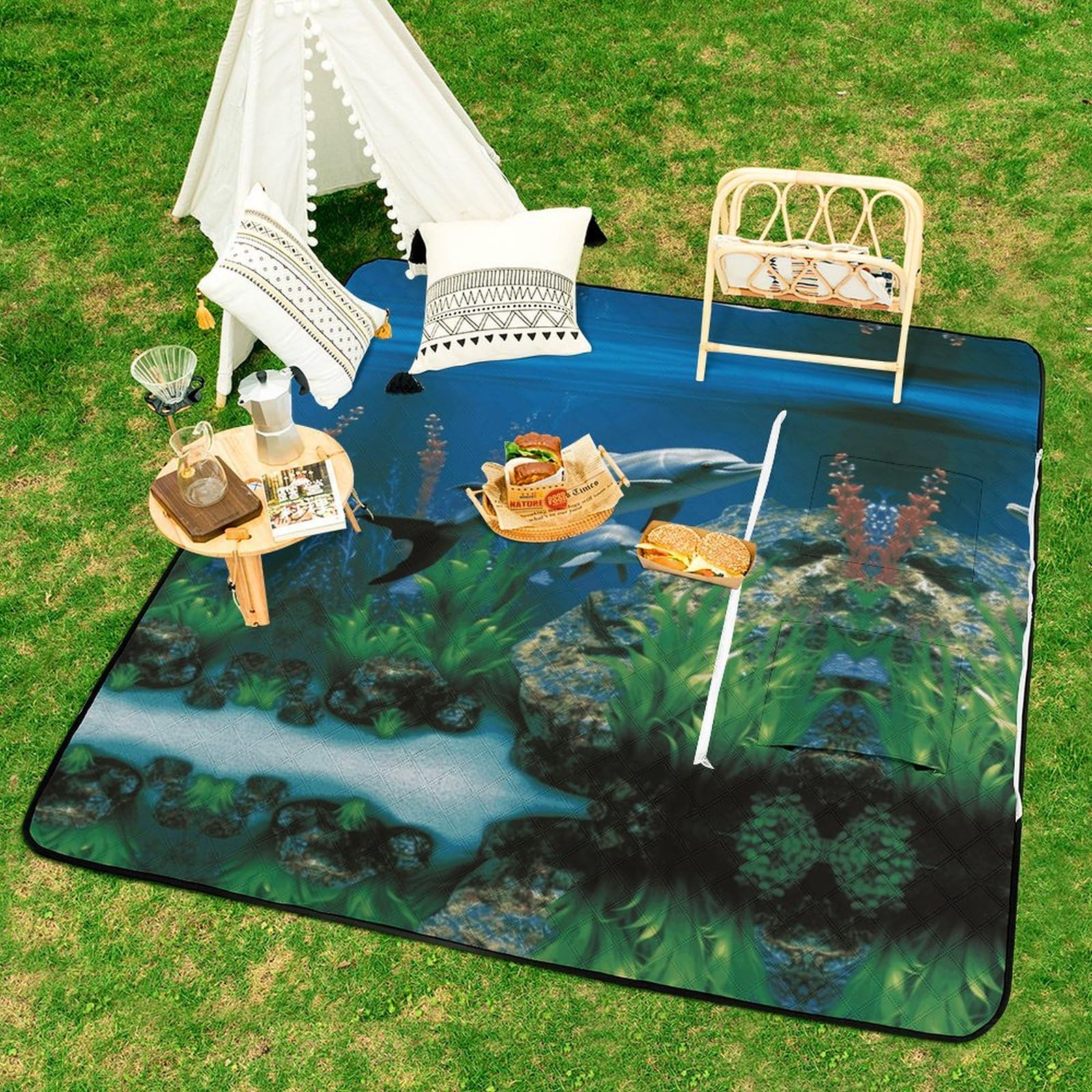 Manta de picnic para la playa, tapete familiar, portátil, grande, manta de picnic con estampado biológico, plegable, duradera, para playa, camping, césped, parque, accesorios