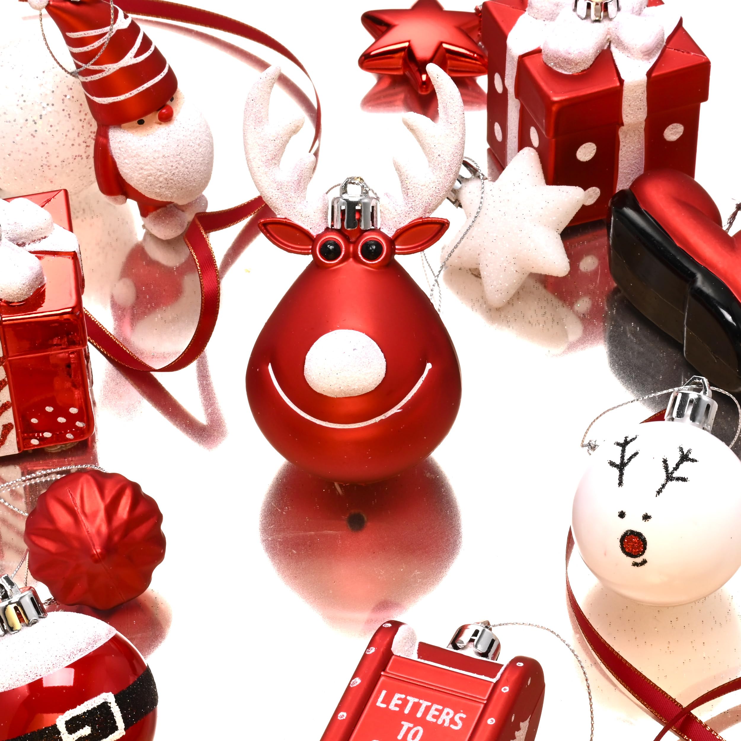 Victor's Workshop Lot de 50 boules de Noël en plastique avec crochet de suspension - Décoration de Noël - Rouge et blanc - Thème M