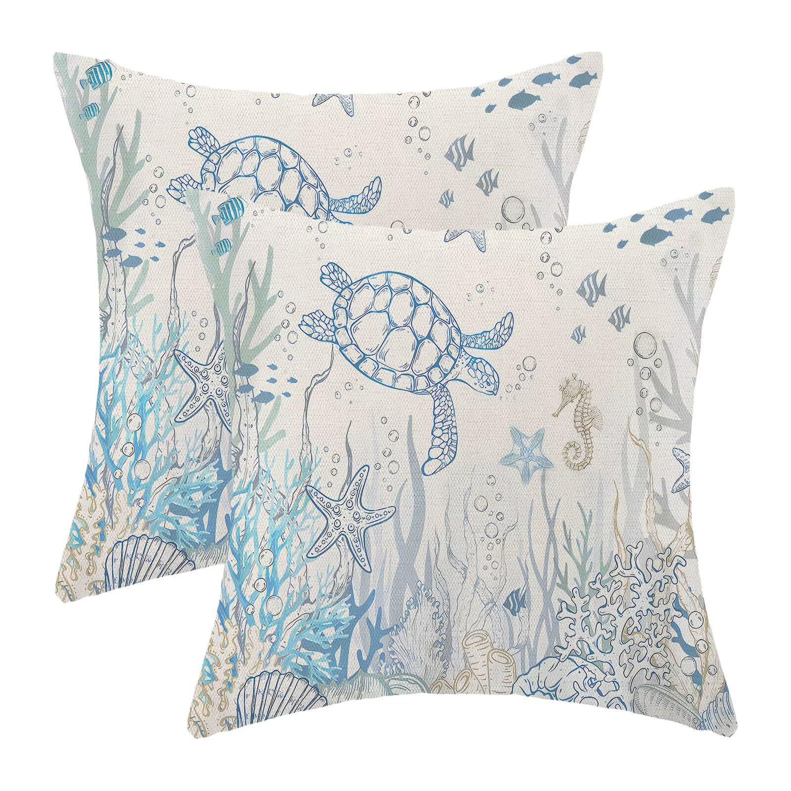 Jecuwo Nautical Coastal Pillow Covers 22x22 Set of 2 Turtle Coral Starfish Seashell Ocean Themed Decorative Cushion Cover Beach Throw Pillow Covers