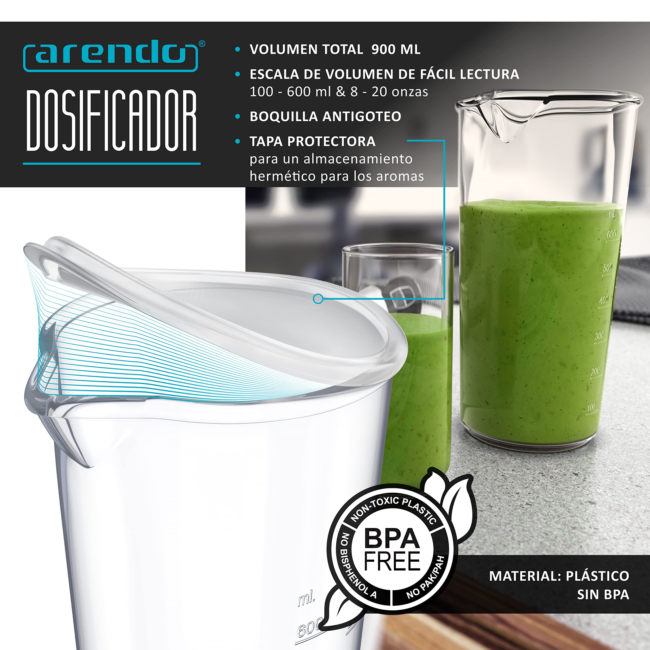 arendo - Jarra dosificadora de plástico graduada 600 ml y 20 onzas - Vaso medidor Transparente - Ideal para batidoras y batidores eléctricos - Jarra de Cocina - Vaso medidor - Taza