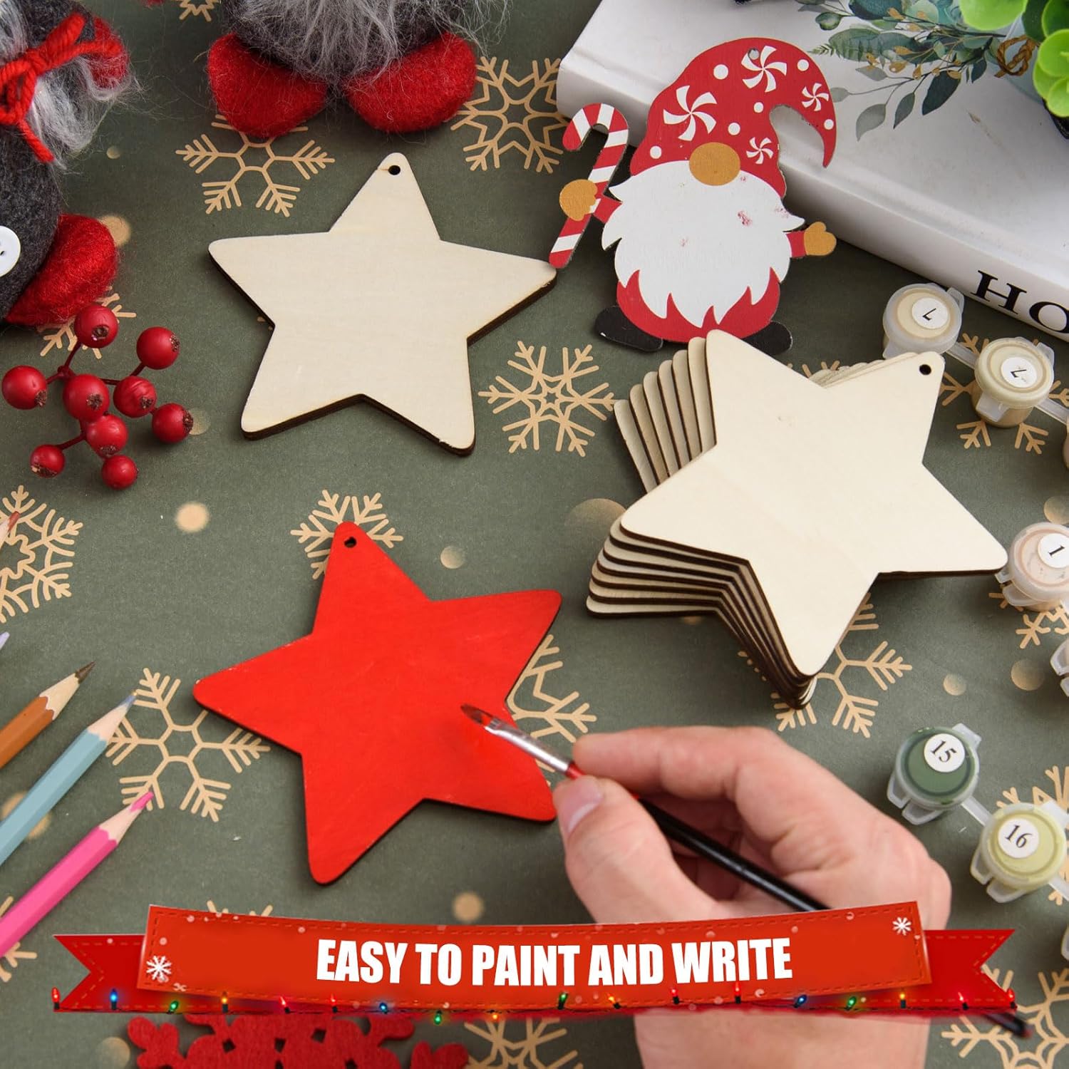 AWIZOM 60 Pcs Unfinished Star Wooden Ornaments Wooden Christmas Star Cutouts to Paint Blank Wood Slices with Twine for DIY Craft Present Tags Xmas Winter Holiday Hanging Decorations,3.94x3.9 Inch - Image 3