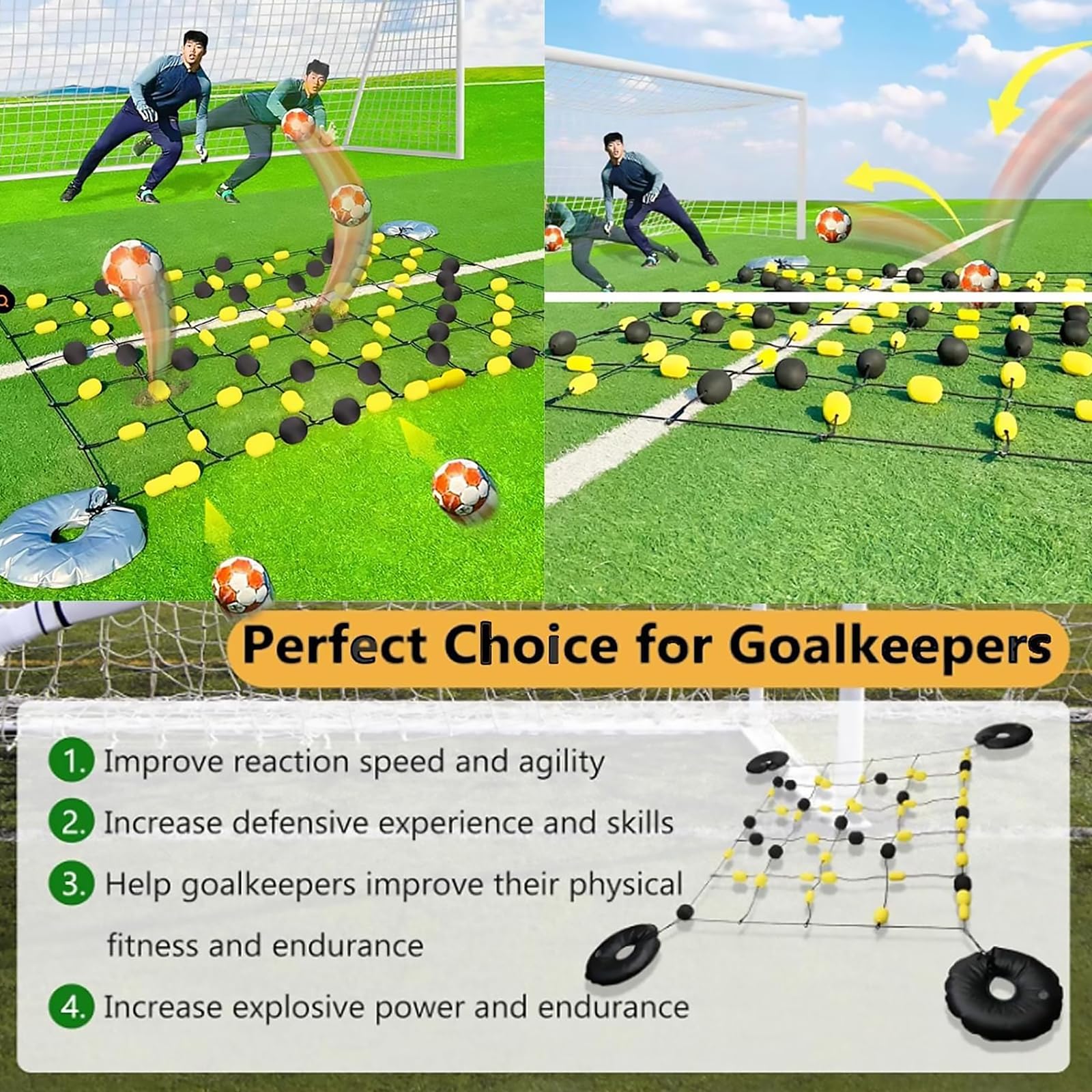 Torwart-Trainingsgerät für Fußball – Bodenmatrix/Einlinien-Deflektor für Reflex, Agilität und Ballkontrolle mit Wasserbeuteln, Tragetasche und Trainingszubehör