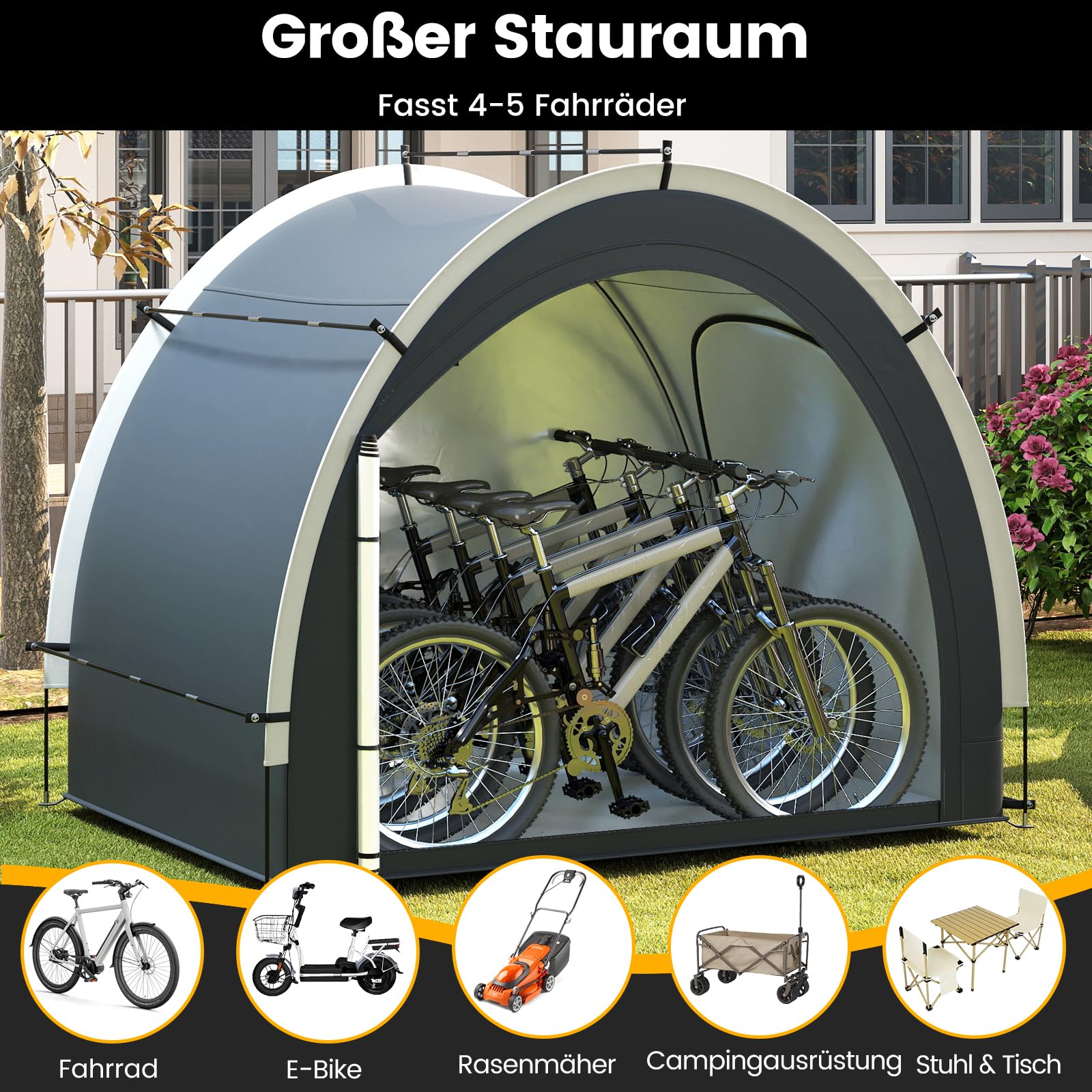 COSTWAY Fahrradgarage für 4-5 Fahrräder, wetterfest, mit 2 Rolltüren, Fenster & Tasche, 218 x 153 x 182 cm