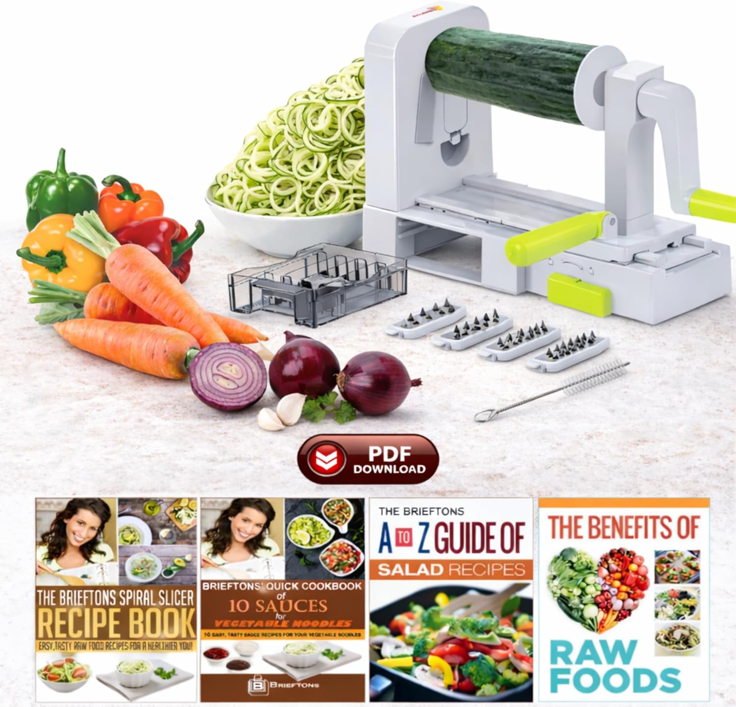 Brieftons QuickFold 5-Blade Spiralizer: Versatile & Compact Foldable Vegetable Spiral Slicer, Best Veggie Pasta Spaghetti Maker for Low Carb/Paleo/Gluten-Free with Brush & 4 Recipe Ebooks