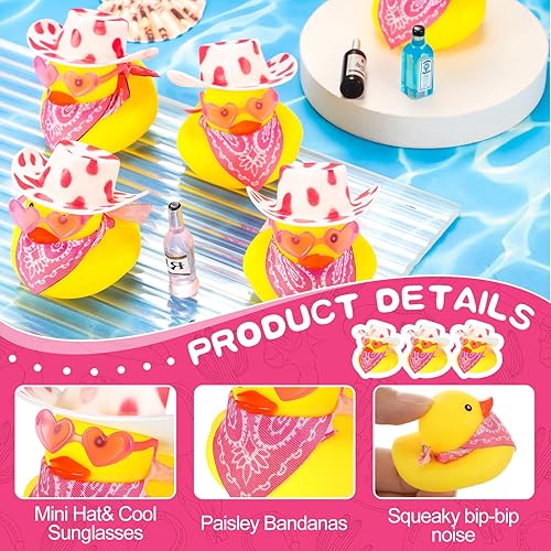 Miniatura 3 de Jexine 24 patos de goma vaqueros, pato de goma vaquero con sombrero, gafas, bufanda, mini pato de baño, juguetes para cumpleaños, natación, fiesta,