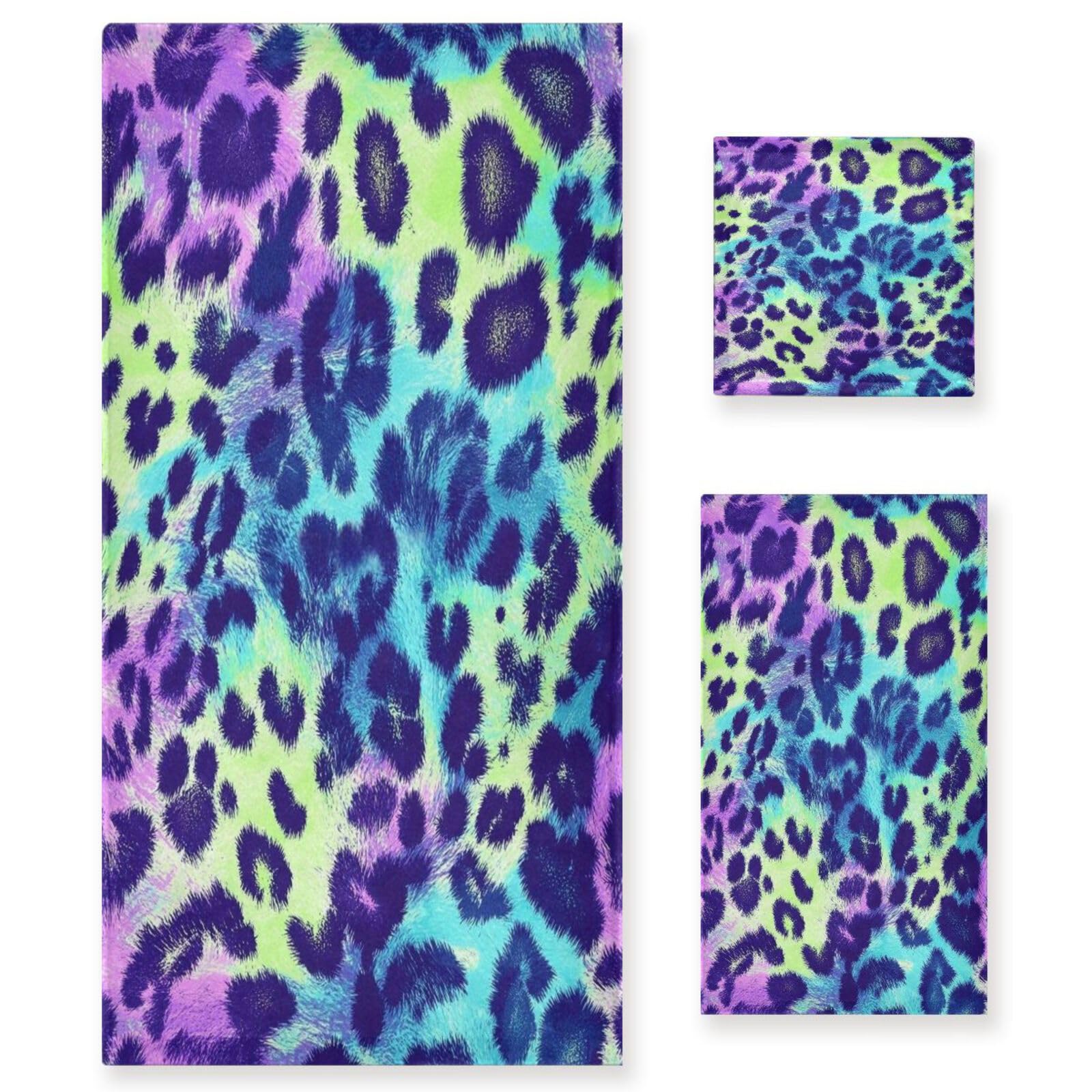 Set di 3 asciugamani colorati con stampa leopardata psichedelica decorativa, 1 asciugamano da bagno, 1 asciugamano per mani, 1 panno per spiaggia, capelli, viso, palestra, nuoto, cucina