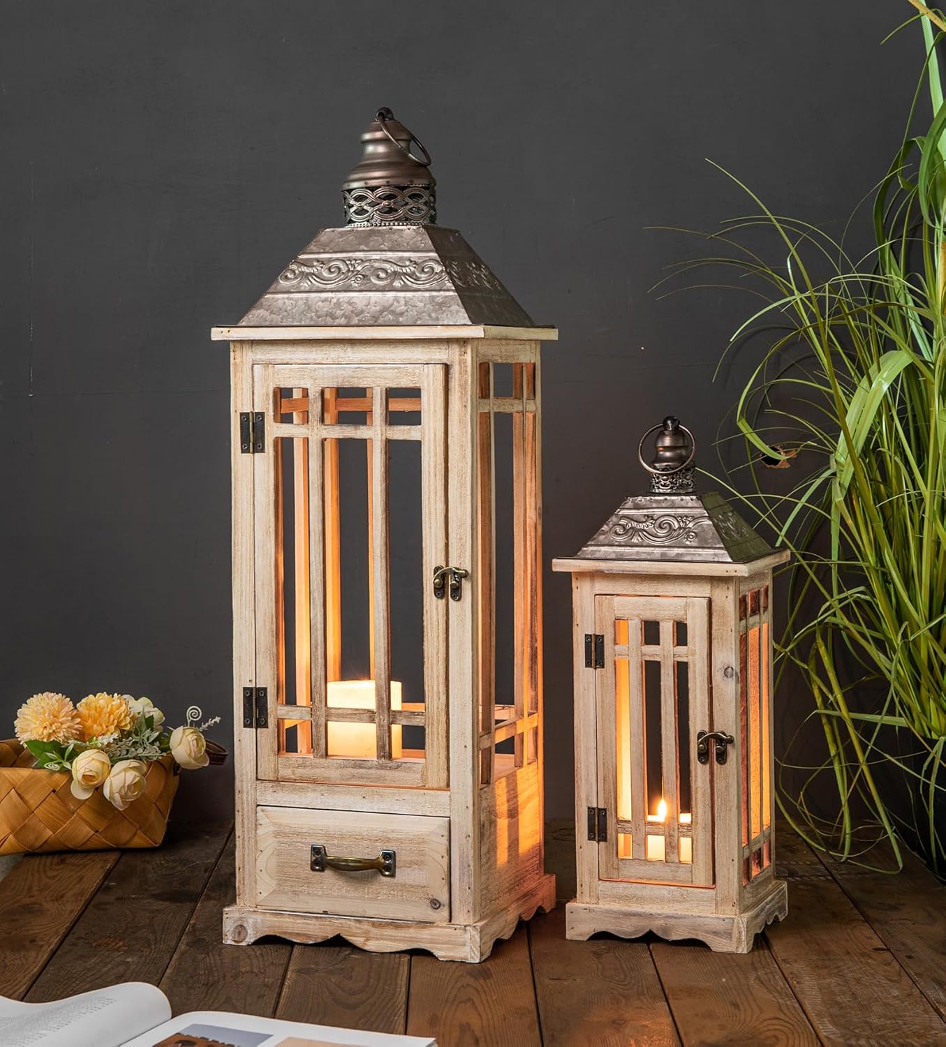 TIMRIS Large Rustic Wooden Metal Decorative Lantern Set of 2, Modern Farmhouse Floor Candle Lanterns with Drawer, Indoor/Outdoor Hanging Lanterns for Home Decor (No Glass) Whitewash With Drawer