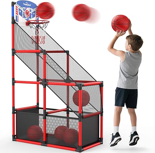 Vista 42 de Juego de baloncesto para niños con marcador electrónico y sonidos de alegría, aro de baloncesto para interiores y exteriores con 4 bolas, juguete