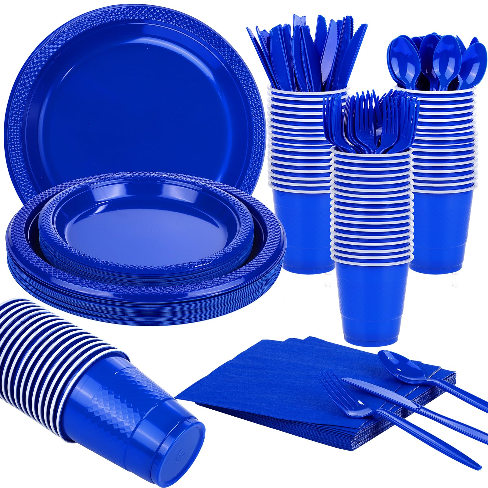 TWOWYHI 350pcs Blue Plastic Party Supplies for 50 Guests Blue Tableware Set of 50 Plastic Blue 9" Dinner Plates Blue 7 "Dessert Plates 50 Plastic 12OZ Cups Forks Spoons Knives Napkin for Party