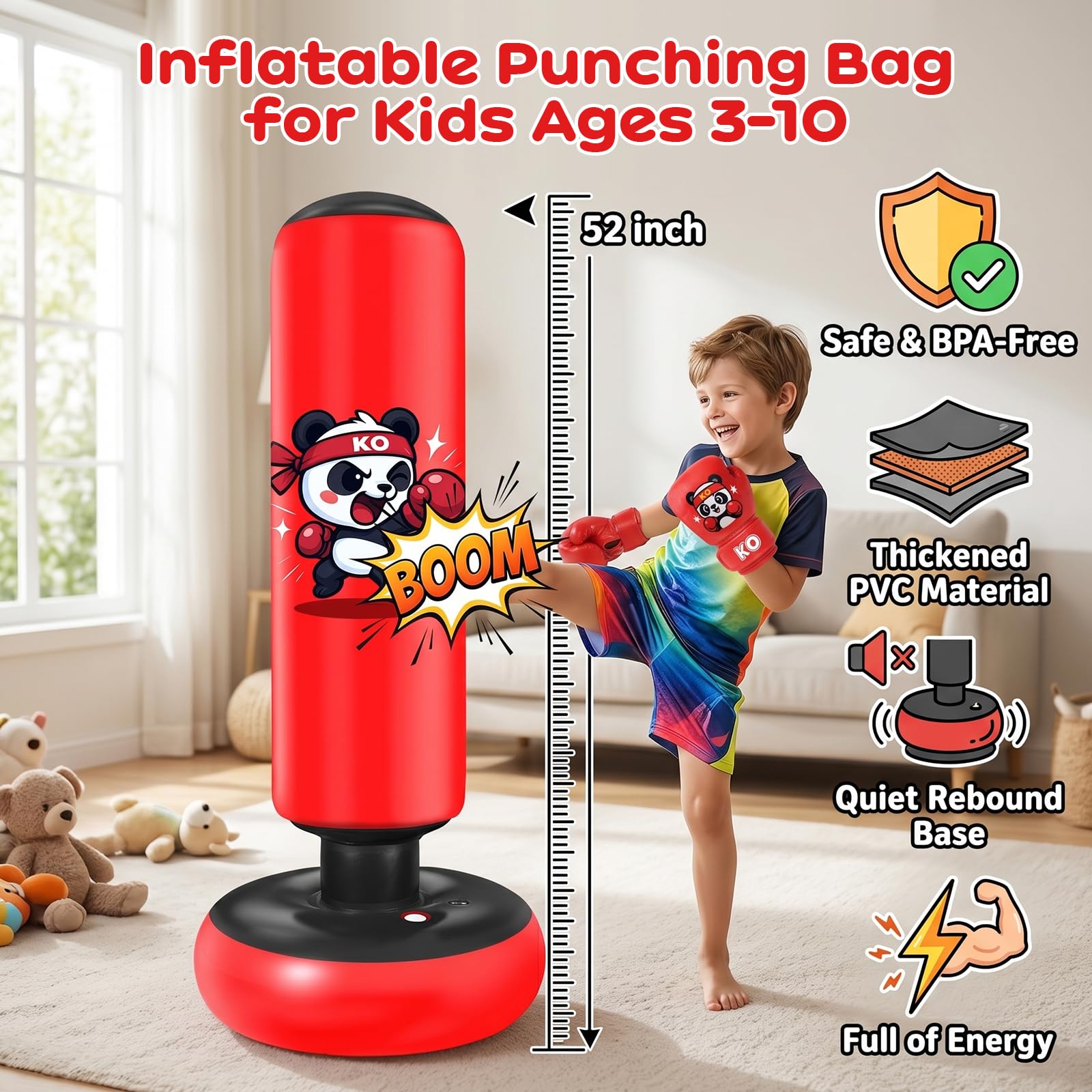 Sacco da boxe gonfiabile per bambini: Qoosea 122 cm, guantoni da boxe e pompa ad aria, giocattolo con dinosauro, regalo per bambini dai 3 agli 8 anni, sacco da boxe autoportante, facile da gonfiare