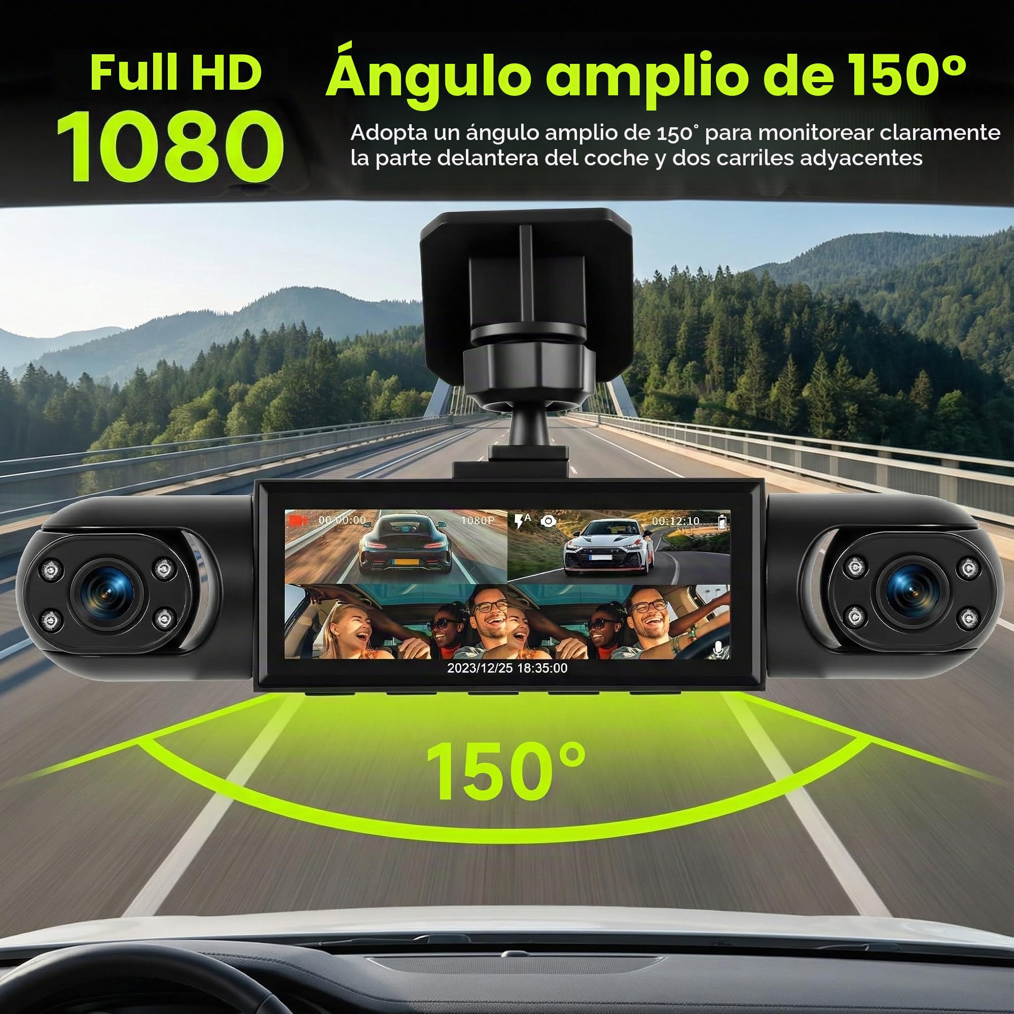 Rimoody 4 Canales Dashcam Coche 360°, 4 Cámaras 1080P Delantera Trasera Izquierda Derecha, 3.16 Pulgadas Pantalla, Visión Nocturna IR, Vídeo en Bucle, Monitorización 24H, Asistencia de Estacionamiento
