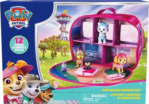 Paw Patrol Skyes World Pupcation Rescue Playset with 3 Figures | 12-Inch Fabric RV Camper, 5 Interior Play Rooms, Skye Liberty & Everest Bobble Heads, Kids Toys for Boys & Girls Ages 3+