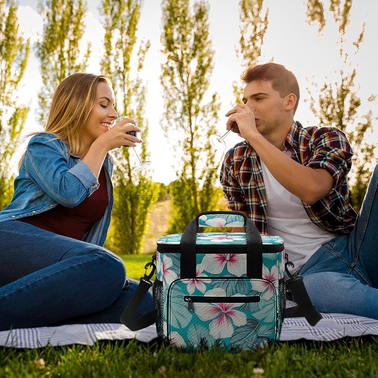 Camping Ice Pack, Tropical Hibiscus Flowers Print Cooler Bag, 22.5L Large Capacity Insulated Lunch Tote Bag for Outdoor, Picnic, BBQ, Travel, Work