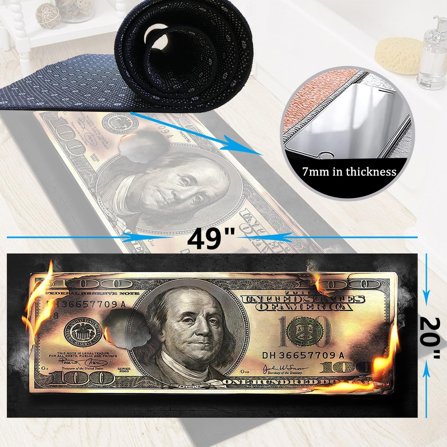 100 Dollar Bill Area Rug for Bedroom, Gold Burning Money Rug, Non Slip Runner Rug for Hallway, Modern Washable Rugs for Kitchen and Bathroom, Cool Laundry Room Living Room Carpet Mats 20”x49”