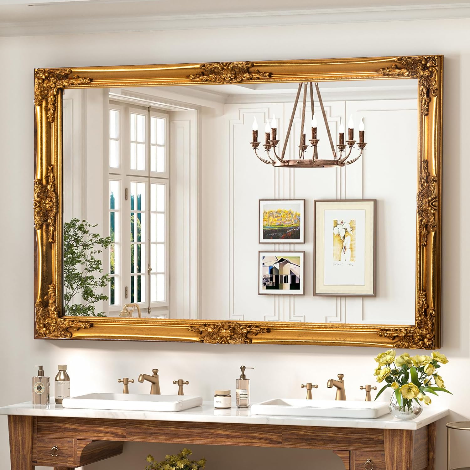 Chende Gold Wall Mirror 24 x 36 Inch, Living Room Decorative