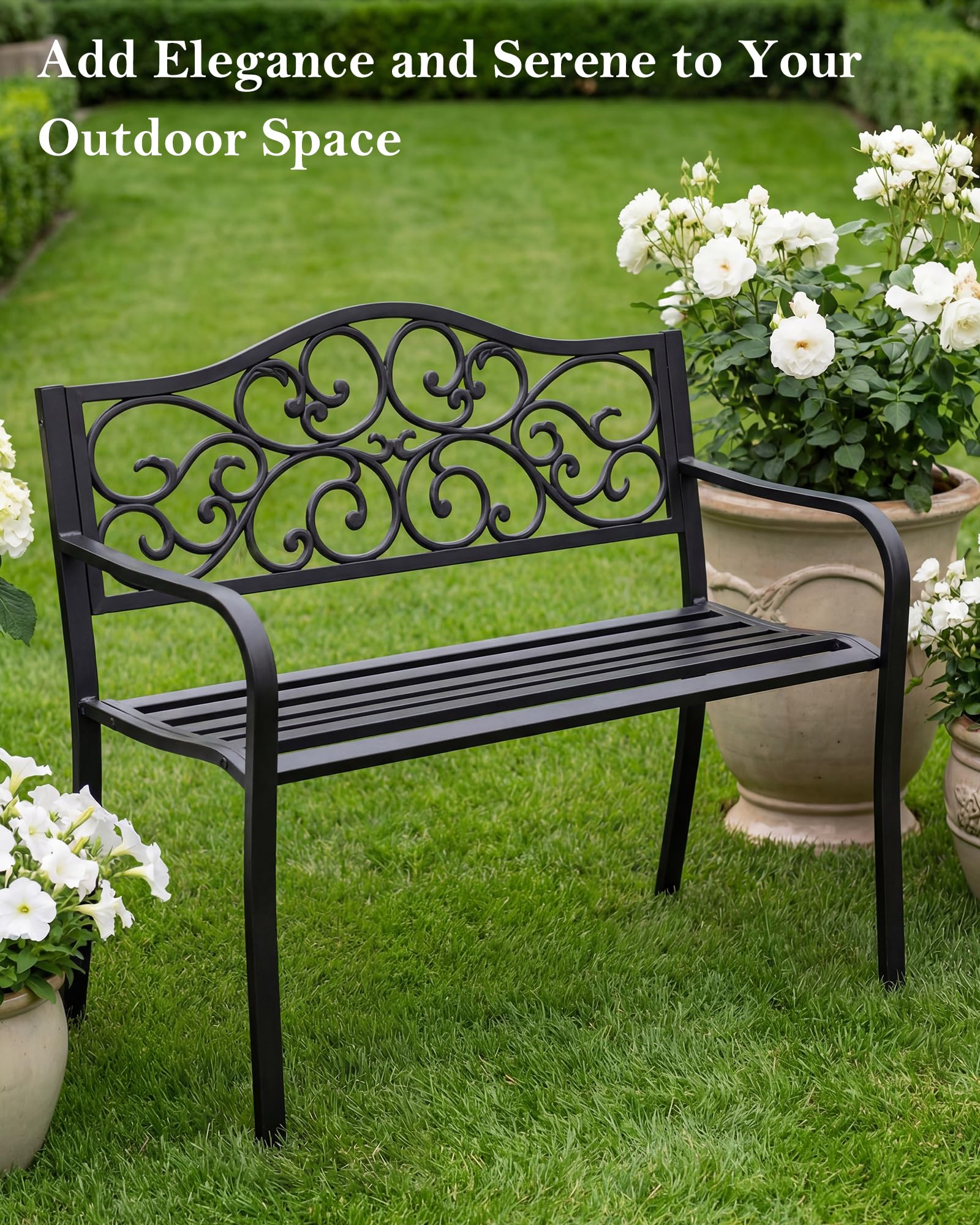 Gartenbank Metall wetterfest, 2-3 Sitzer Parkbank aus Gusseisen bis 240kg belastbar, Sitzbank mit Rückenlehne & Blumenmuster für Garten, Balkon & Terrasse, 128cm Breit, Schwarz