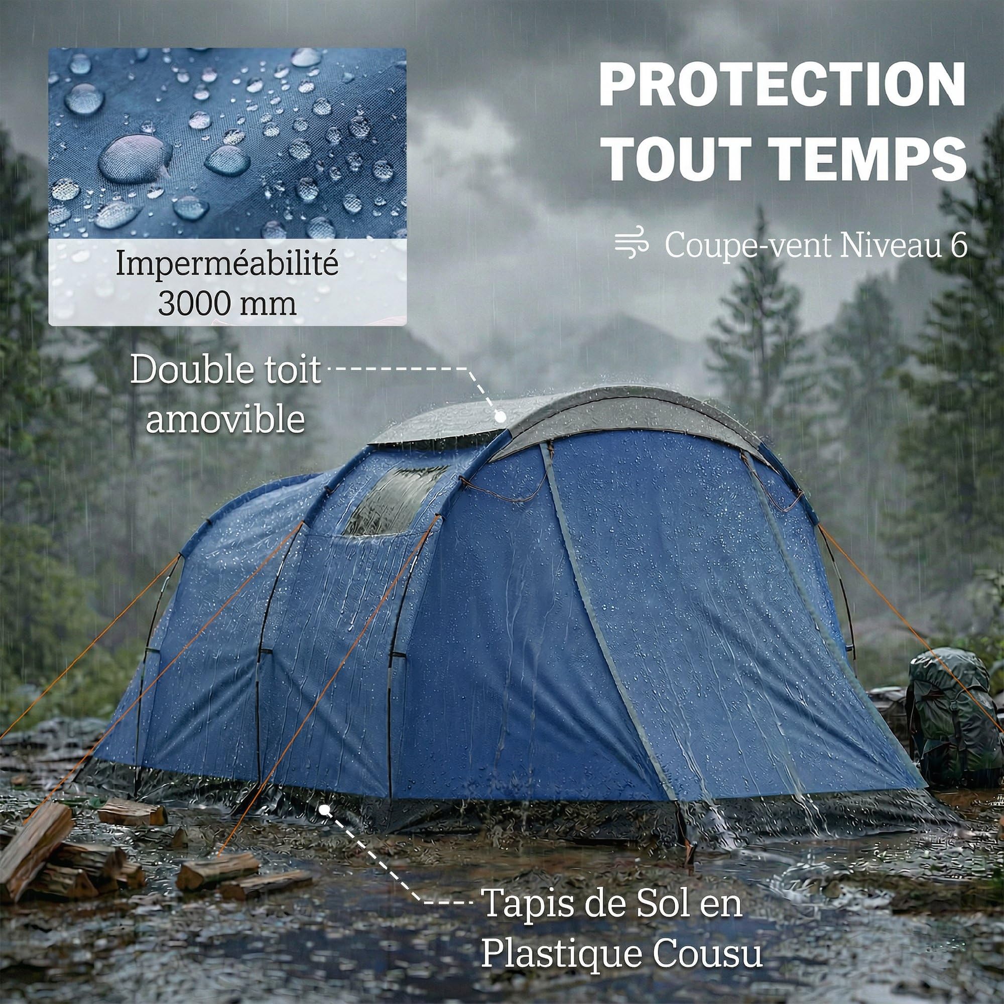 Outsunny Tente de Camping Tunnel pour 4 Personnes Imperméable 3000mm - Séjour Spacieux Double Couche Hauteur 190cm - Abri de Jardin pour Bivouac Randonnée avec Auvent, Bleu Foncé