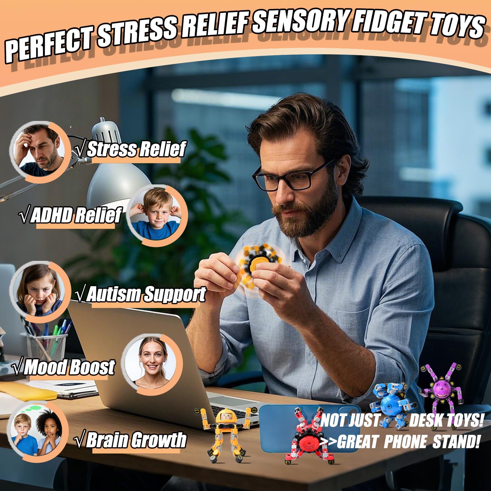 Felly Fidget Gry Spinner 4 sztuki, Przekształcający się Robot Fingertip, Zabawki antystresowe dla dorosłych, zabawki sensoryczne dla ADHD Autyzm lęk, śmieszne DIY żyroskop, kreatywny prezent biurowy