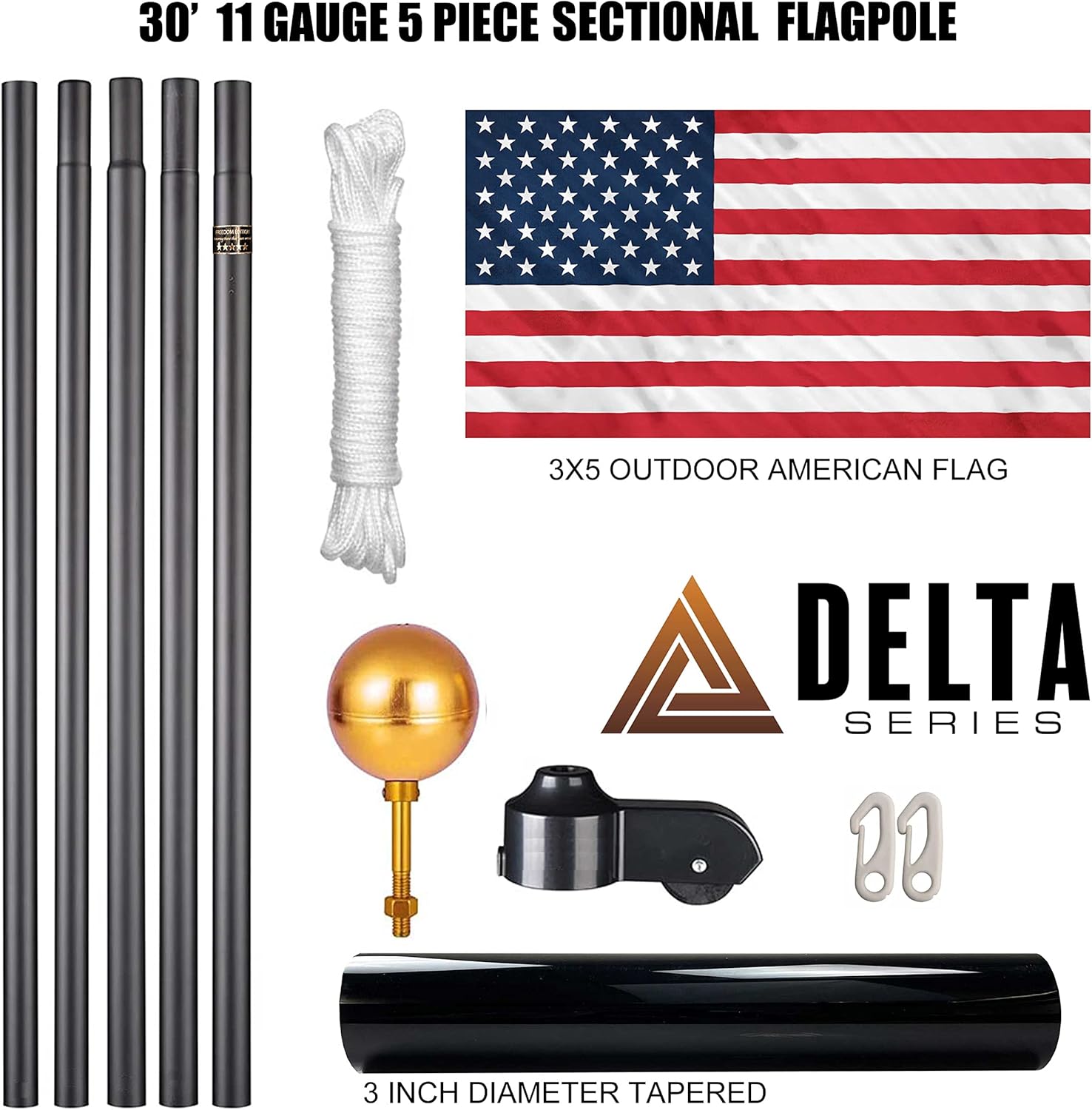 Service First 30FT Black Heavy Duty Delta Sectional Residential Flag Pole Freedom Edition Complete Kit with Premium Plus Black Solar Light - Tether Kit - Rope And Halyard System - USA Flag