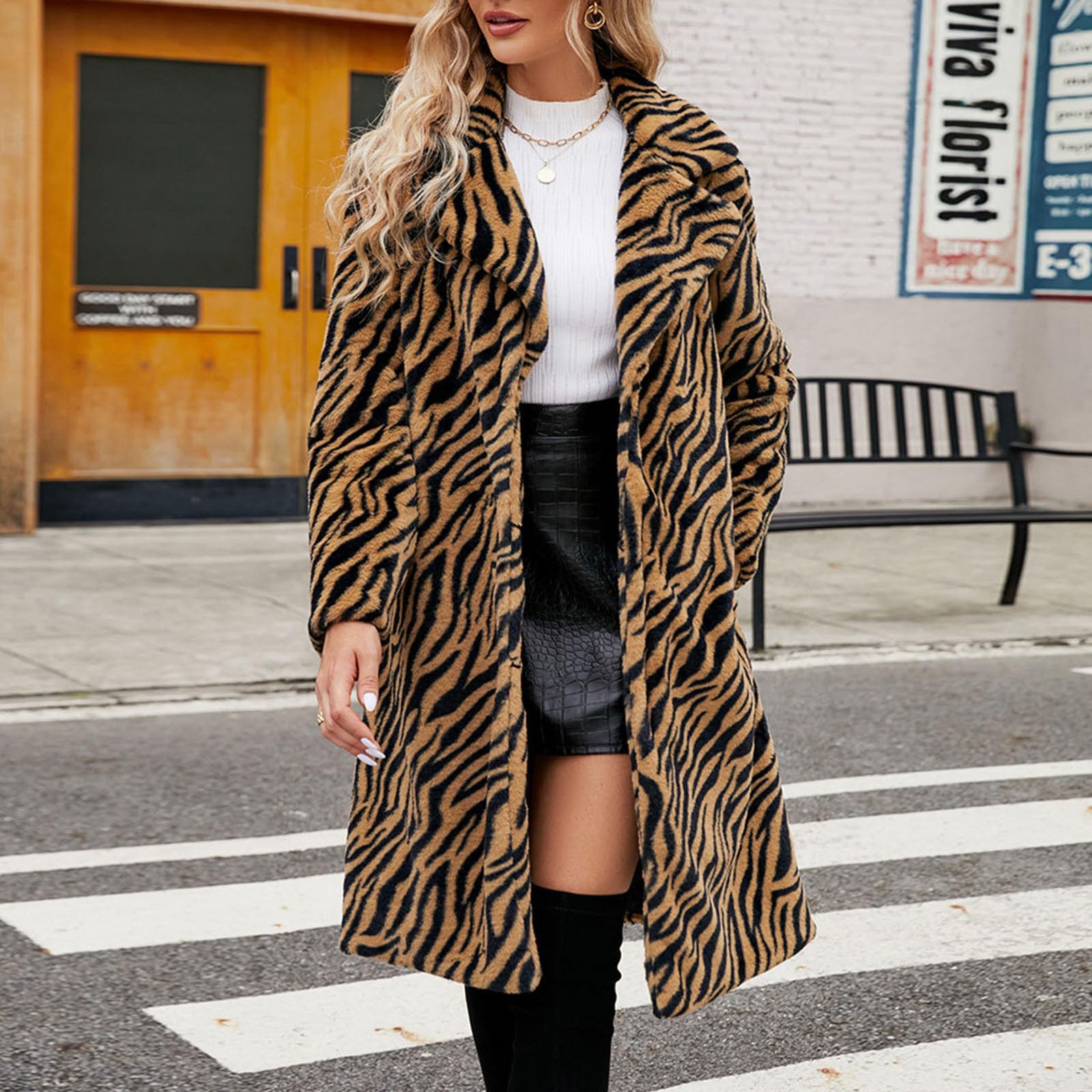 Pelzmantel Damen Lange Leopard Muster Kunstpelz Mantel Fellmantel Nerzmantel Parka Jacke Wintermantel Trenchcoat Flaumig Warme Cardigan Winter Jacke