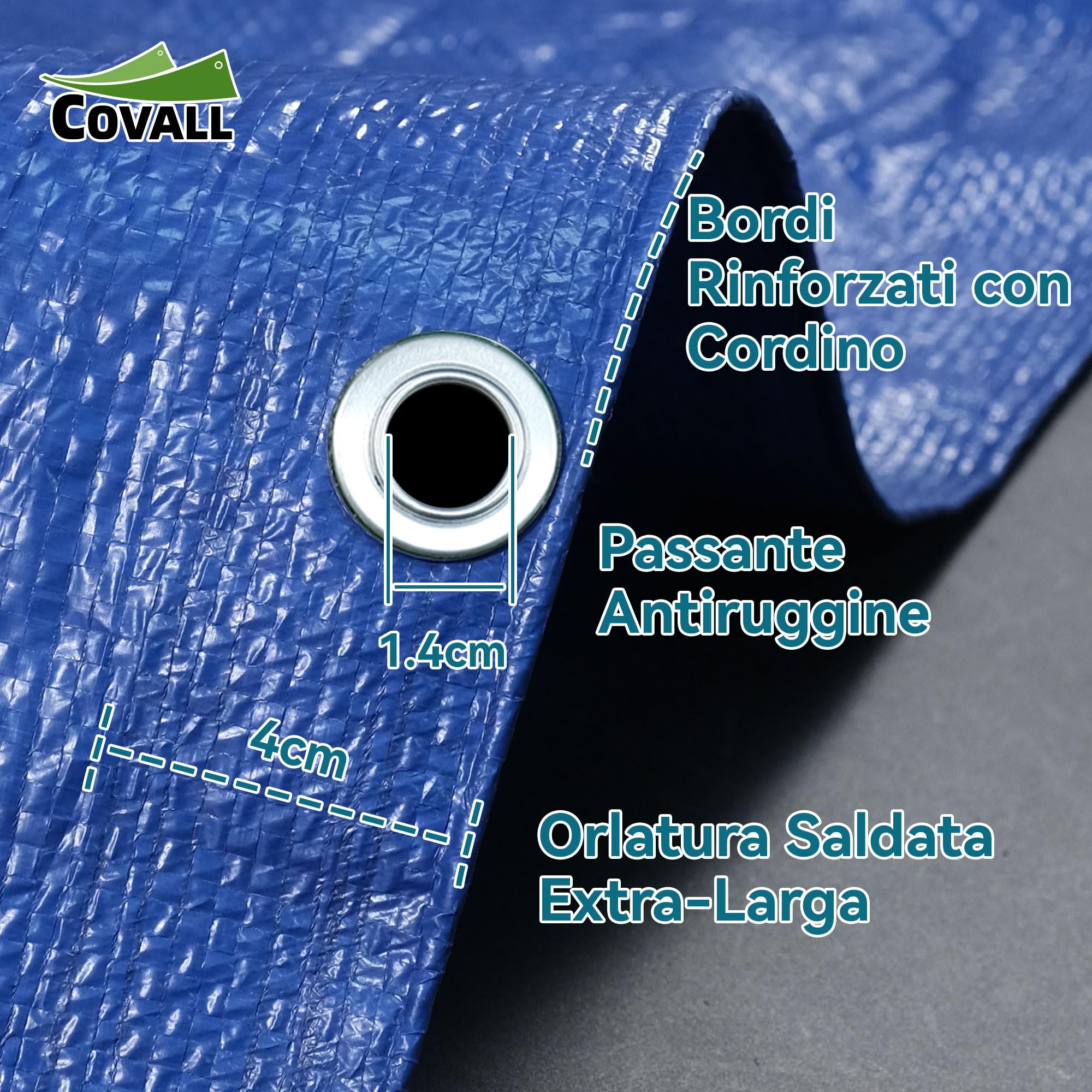 Telone Impermeabile 70g/mq - Telo con Occhielli in Alluminio - Antistrappo per Esterno, Piscina Fuori Terra, Giardino e Campeggio - Copertura Multiuso Blu 2,4x4,8m
