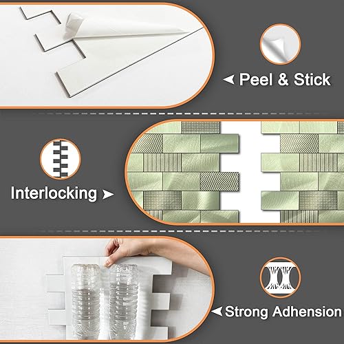 Miniatura 5 de VAOVI Mosaico autoadhesivo para despegar y pegar azulejos de pared de metal autoadhesivos para cocina color verde 10 unidades