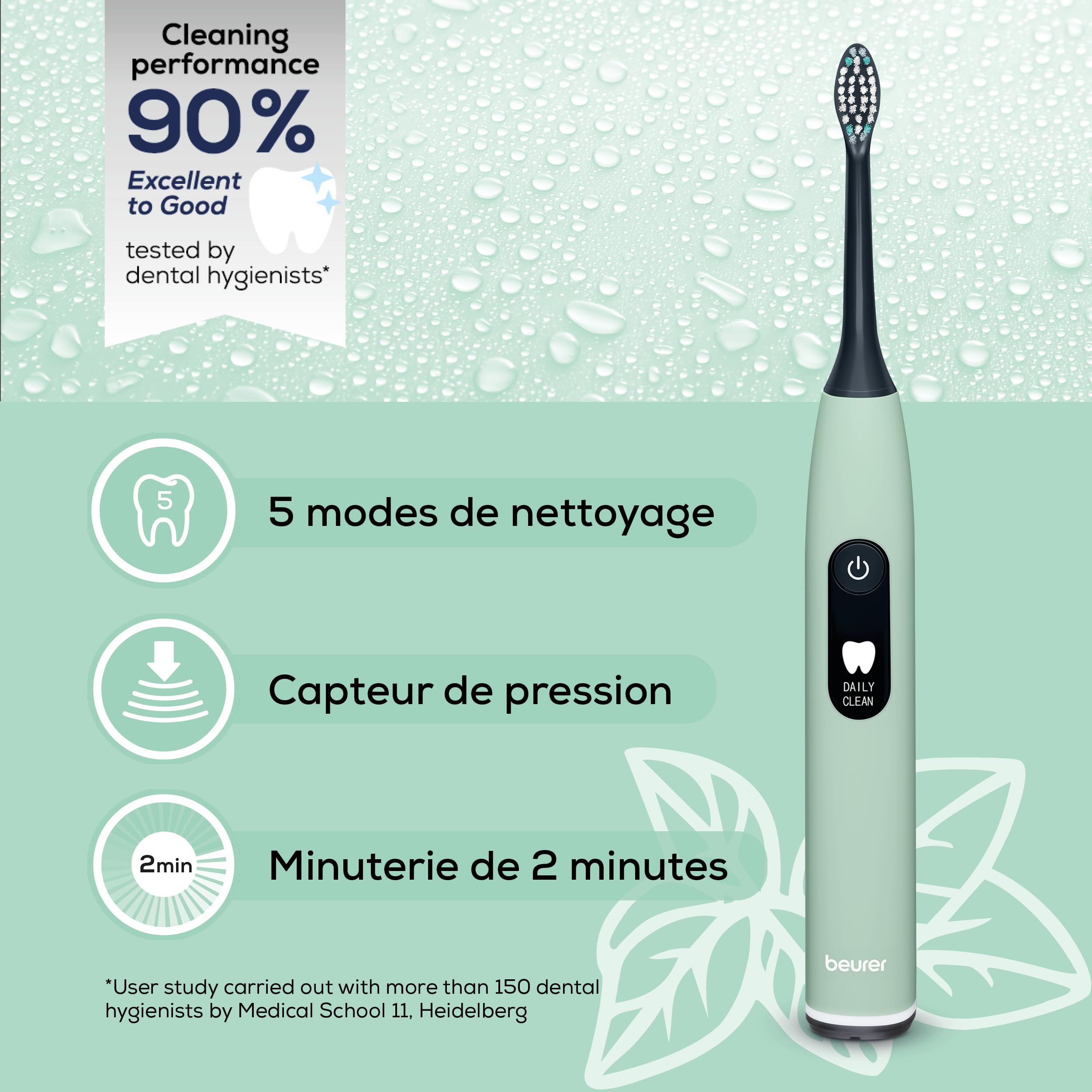 Beurer SC 50 Brosse à dents électrique sonique avec 5 modes de brossage et capteur de pression, 80 000 oscillations, écran avec indicateur de temps de brossage, 2 brossettes, boîtier 100% recyclé