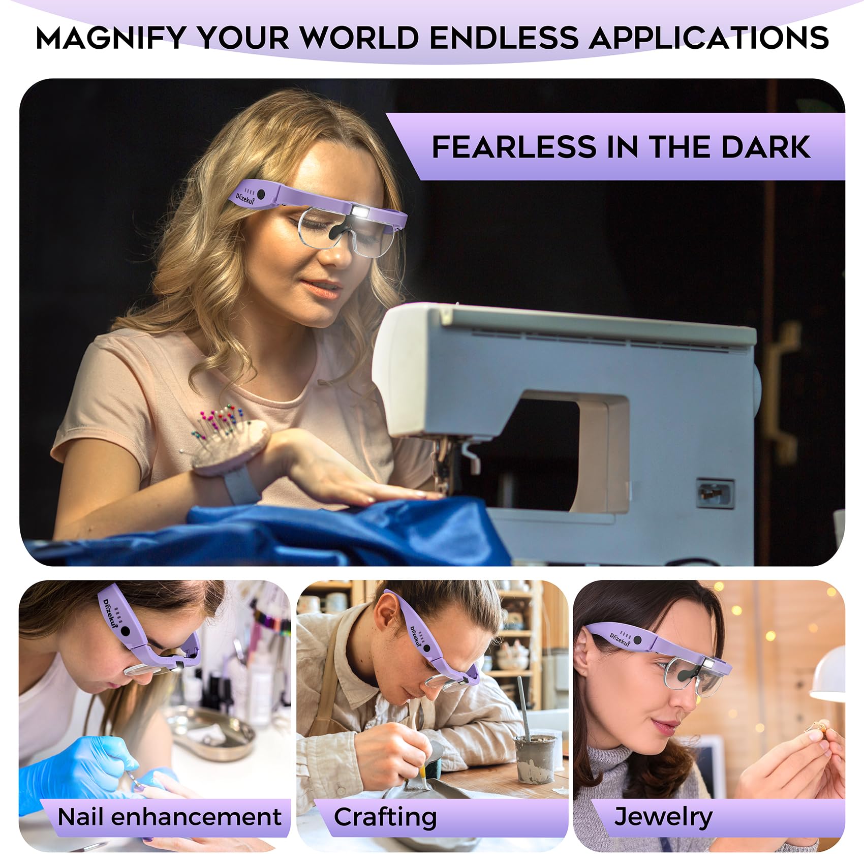 Dilzekui Lupa con luz de 1.5X a 5.0X, lupa recargable, lupa iluminada con 4 lentes desmontables, lupa para trabajo cercano, joyería de lectura