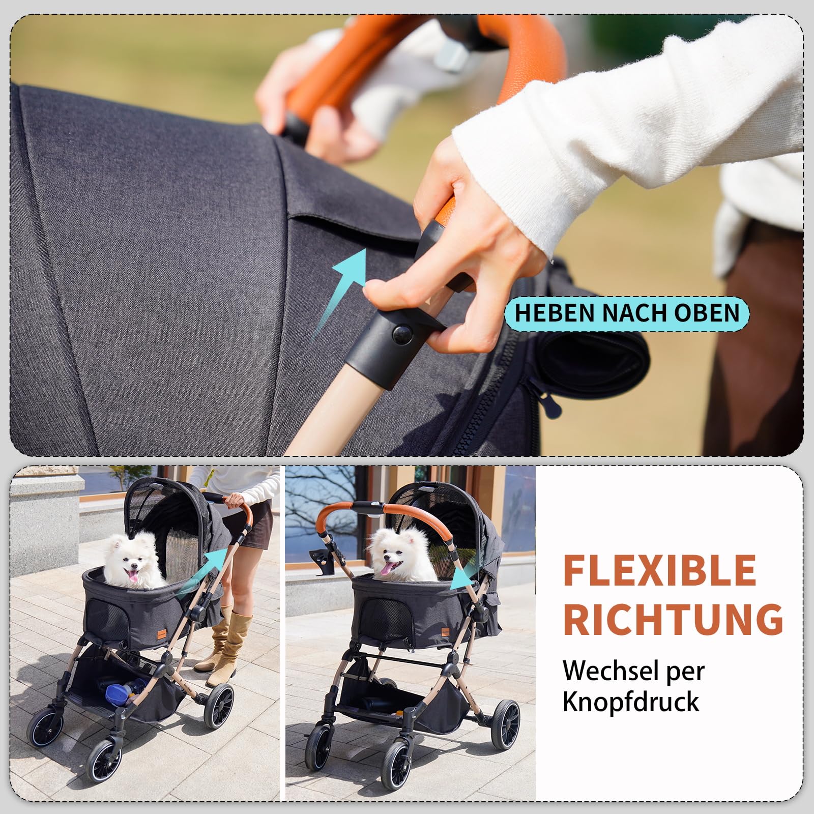 EchoSmile Ein-Knopf-Falt Hundewagen, Hundebuggy bis 20kg für kleine mittel Hunde & Katzen, Hunde Buggy & Katzenwagen mit Umkehrbarer Griff, Stoßdämpfung & Abnehmbares Waschbares Pad (Schwarz)