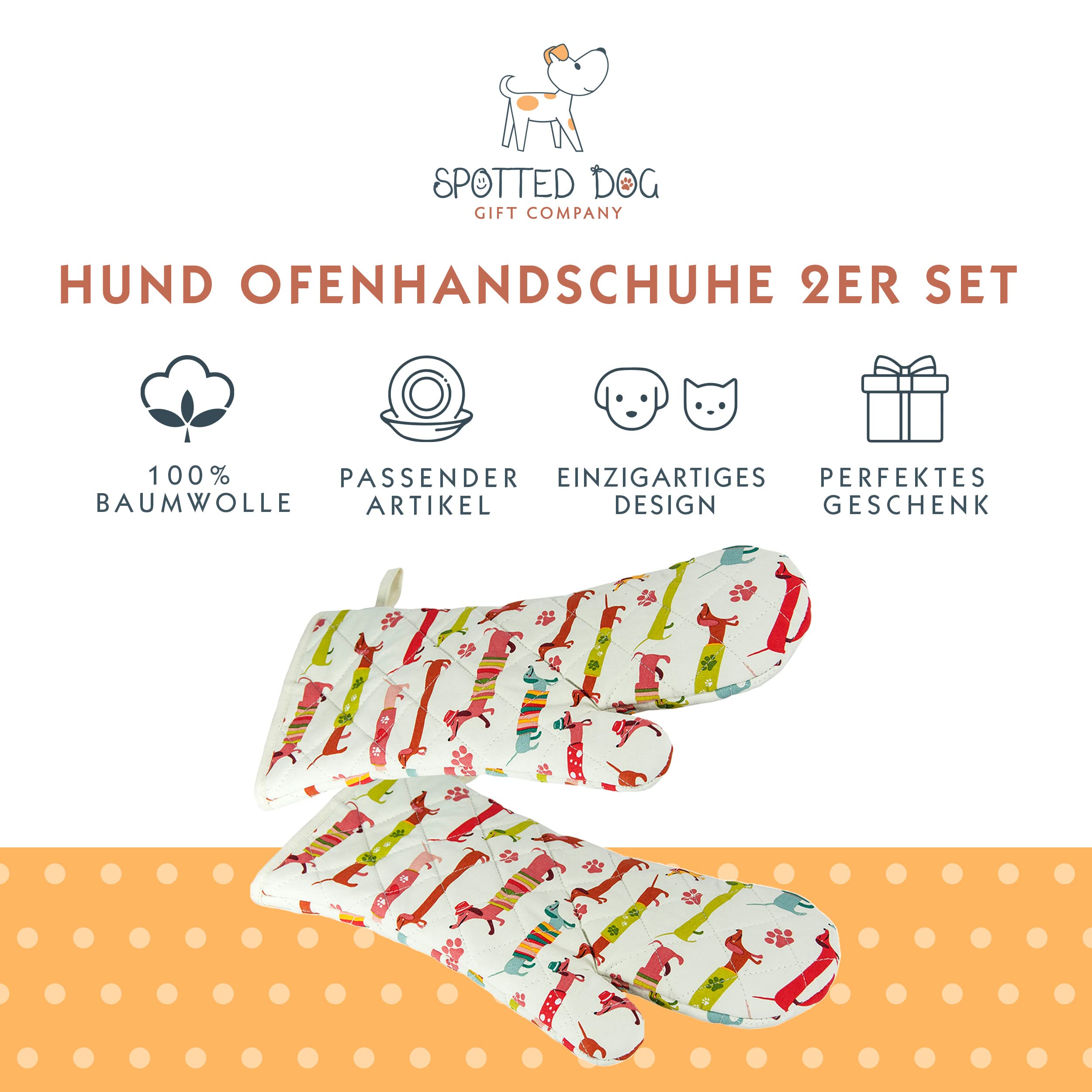 SPOTTED DOG GIFT COMPANY - 2 Set Hitzebeständig Lange Ofenhandschuhe Hitzeresistente Topflappen Backhandschuhe aus Qualitäts Baumwolle mit Süß Dachshund Dackel Hund-Motiv für Hundeliebhaber Geschenk