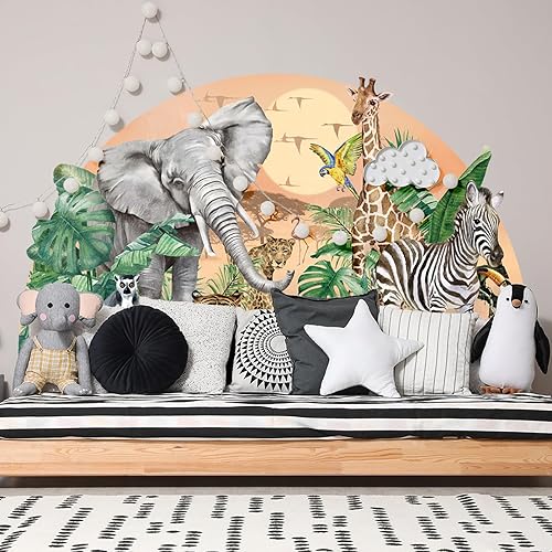 3 hojas de calcomanías de pared de animales de la selva semicirculares, sin pegamento, diseño de animales de safari tropical, bricolaje, removibles,