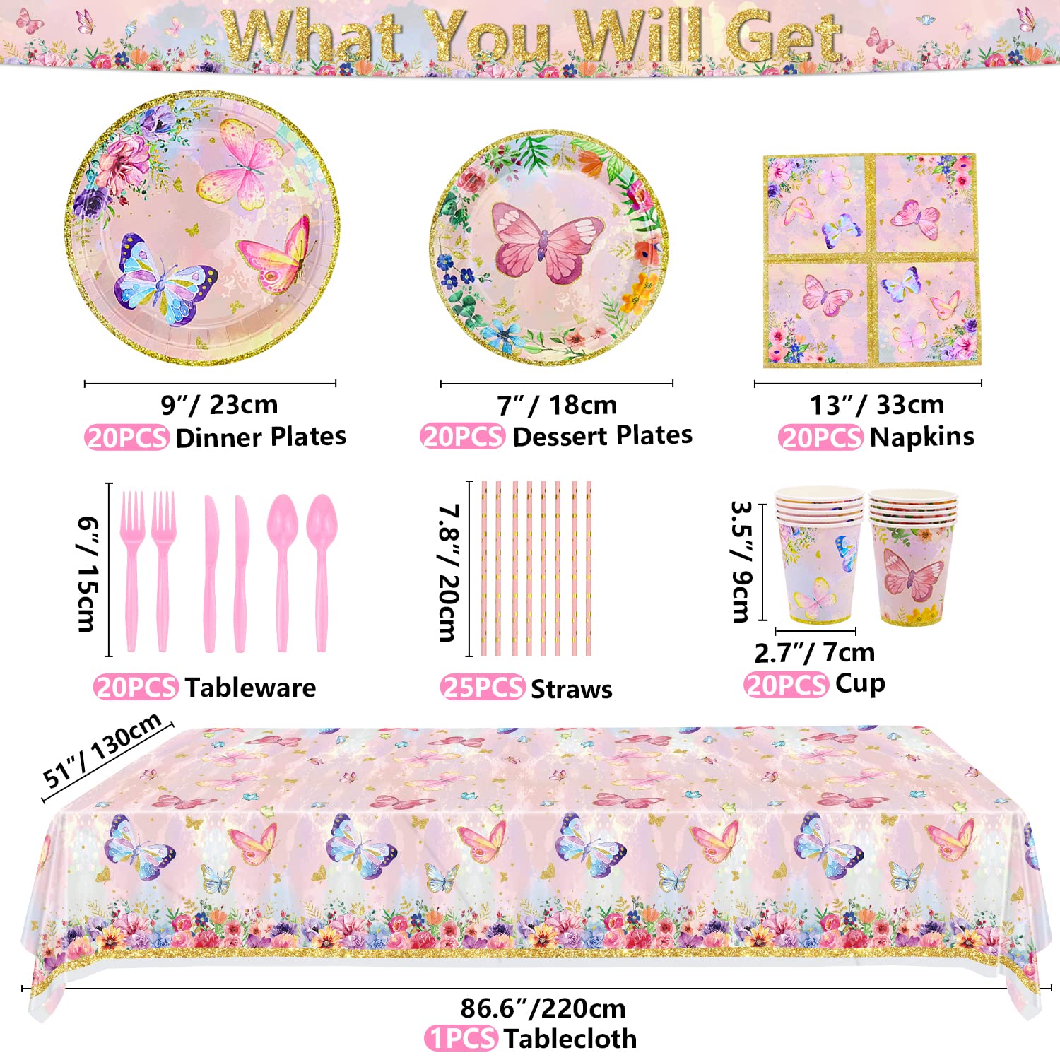 166 PCS Butterfly Birthday Party Supplies - Butterfly Plates, Napkins, Cups, Tablecloth, Knives, Fork, Spoon, and Straws for Girls Baby Shower, Fairy Themed Party Decorations, Serves 20 Guests