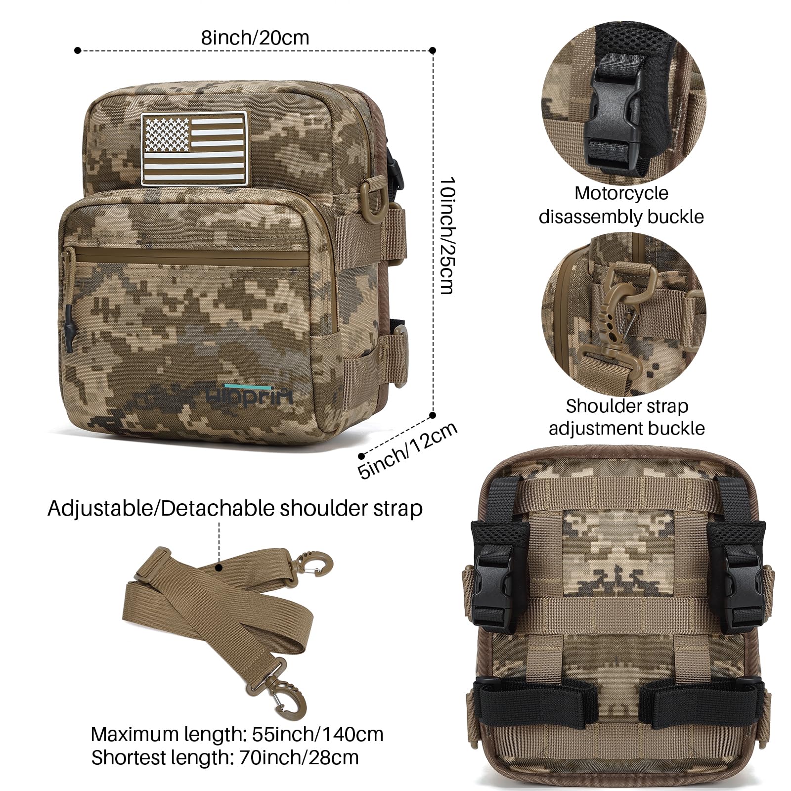 WINPRIM Motorcycle Handlebar Bag - 1000D Tactical Camouflage Front Fork Bag with MOLLE Webbing, Crossbody & Tool Storage Pouch for Motorcycles (Apricot Camouflage)
