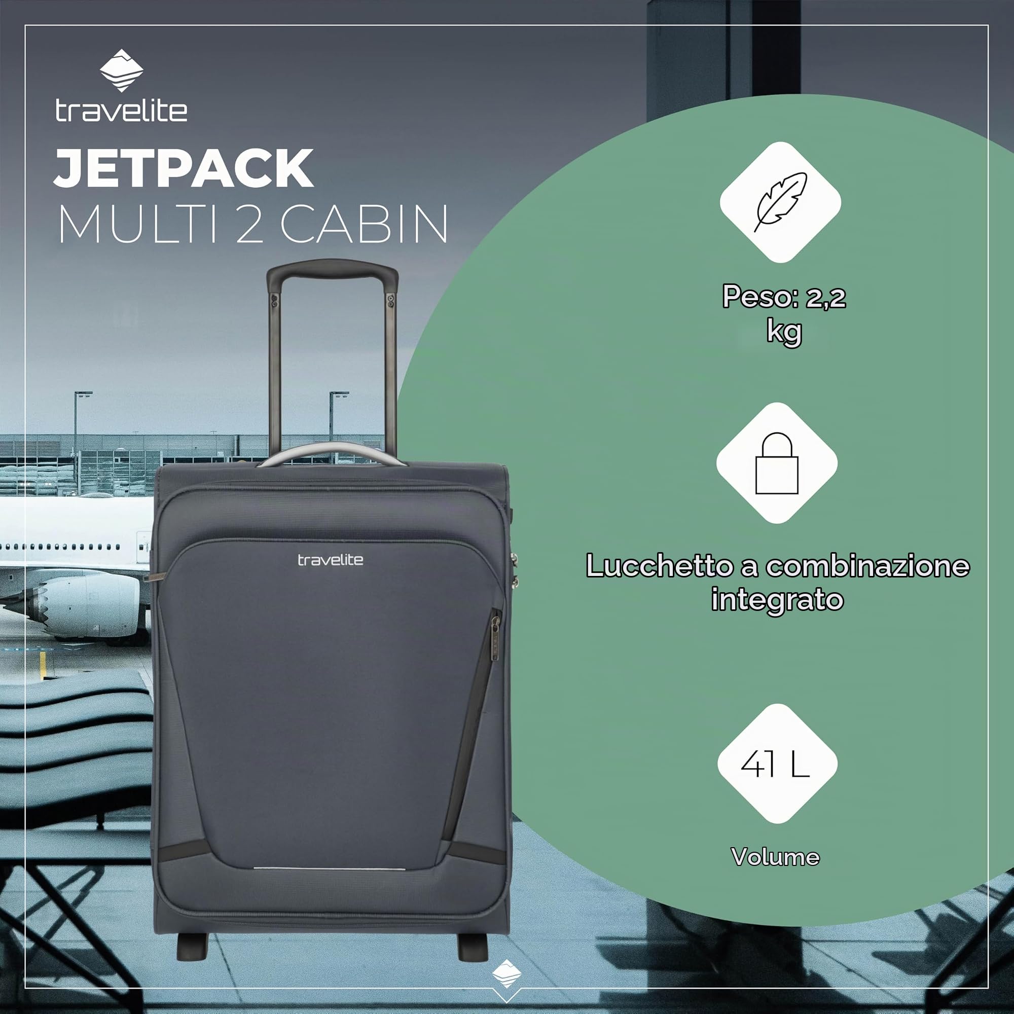travelite valigia a mano con 2 rotelle per Condor + Ryanair, serratura a combinazione integrata, trolley da cabina compatto con funzione di aggancio, 55x40x20 cm, 41 l, 2,2 kg