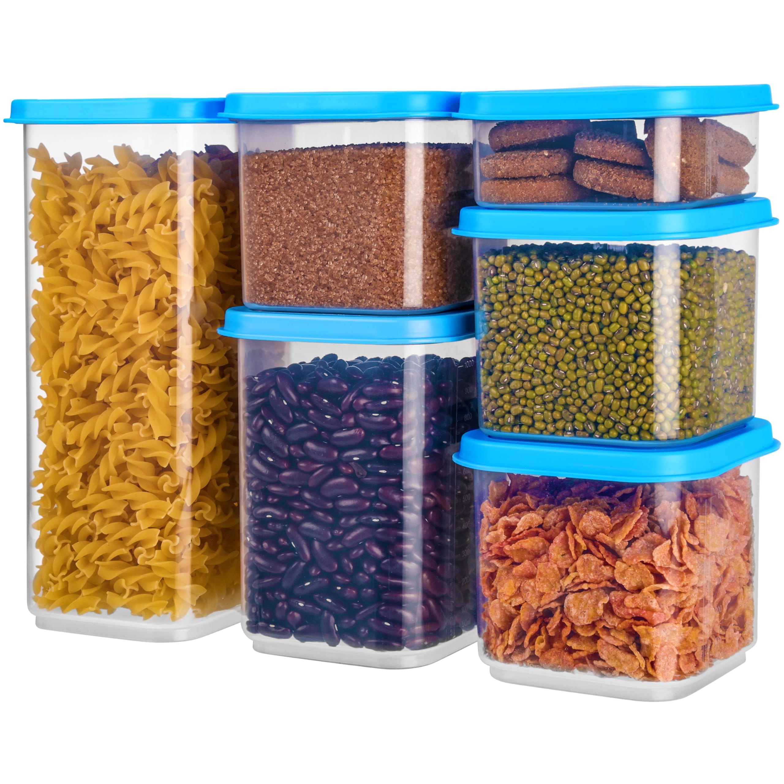 Belle Vous Stackable Plastic Food Storage Containers with Lids (6 Pack) - 300-1800ml Leakproof, BPA-Free & Microwave-Safe Kitchen Pantry Organisation