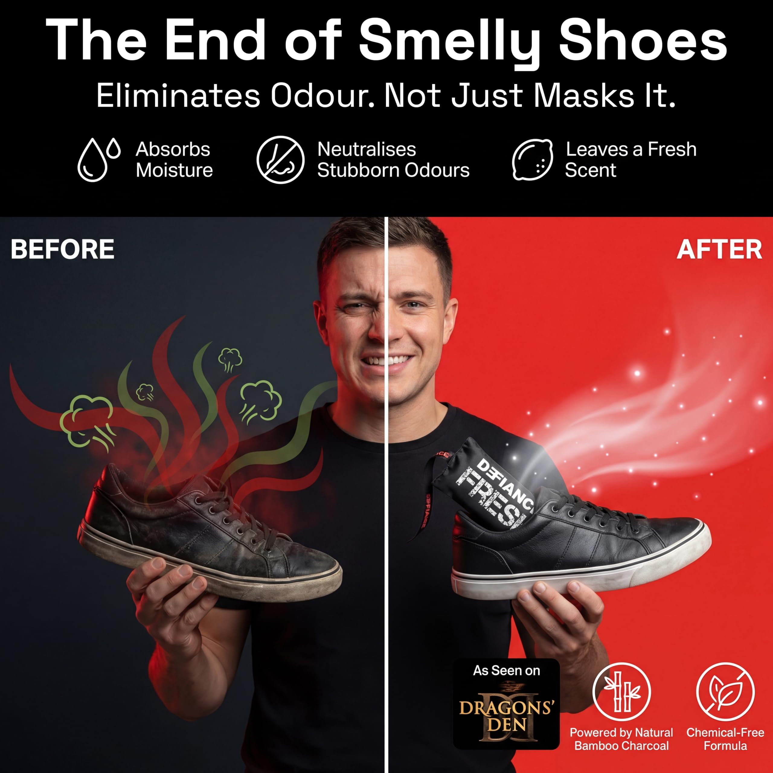 Defiance Fresh - Desodorante para botas y zapatos, como se ve en Dragons' Den, bolsas desodorizantes reutilizables para zapatos malolientes, eliminador de olores de zapatos, ambientador y absorbente