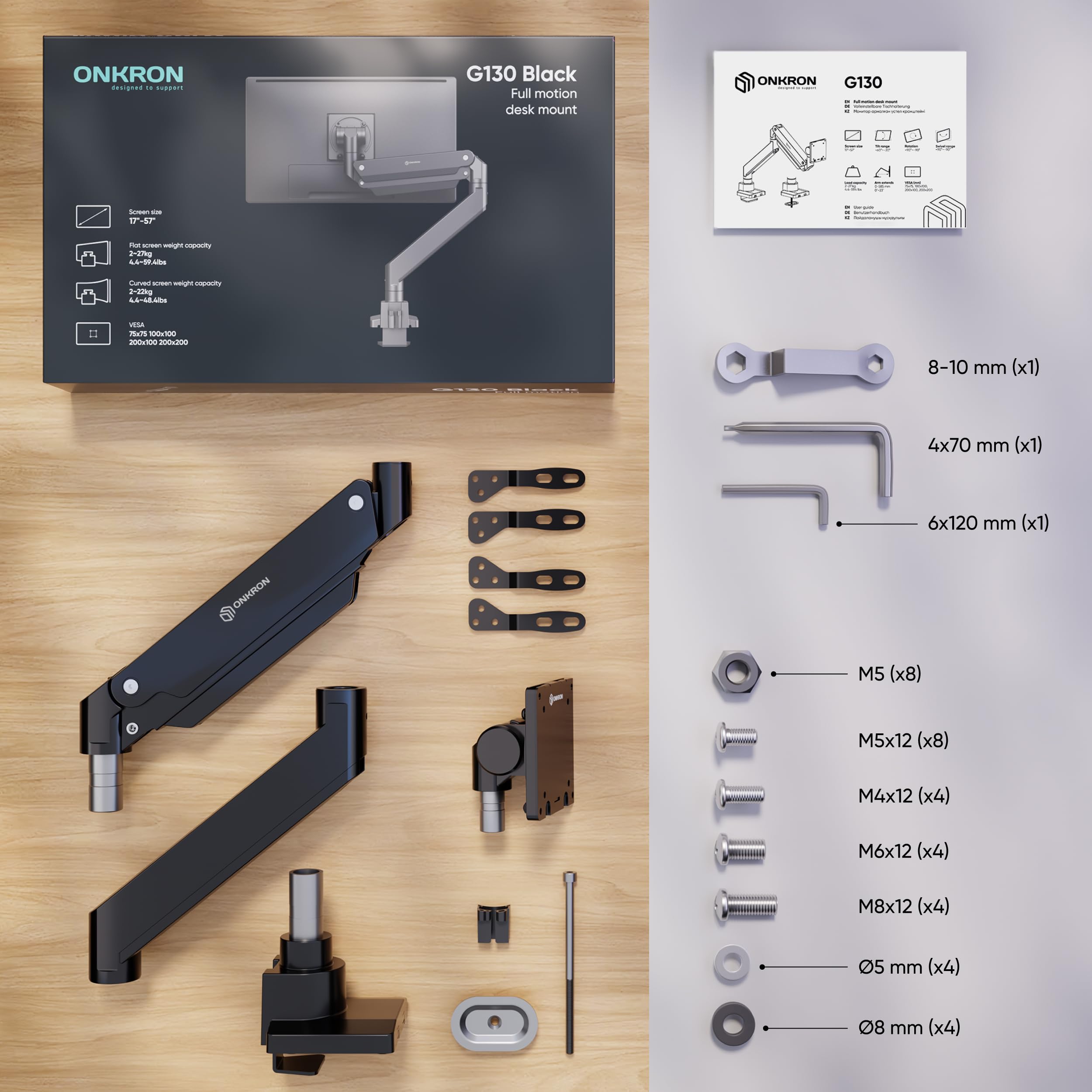 ONKRON Support Écran PC Ultra Large 17"-57" Bras Articulé 27 kg Gaz Ressort VESA 75x75-200x200 Inclinable Pivotant Rotatif G130-B Noir