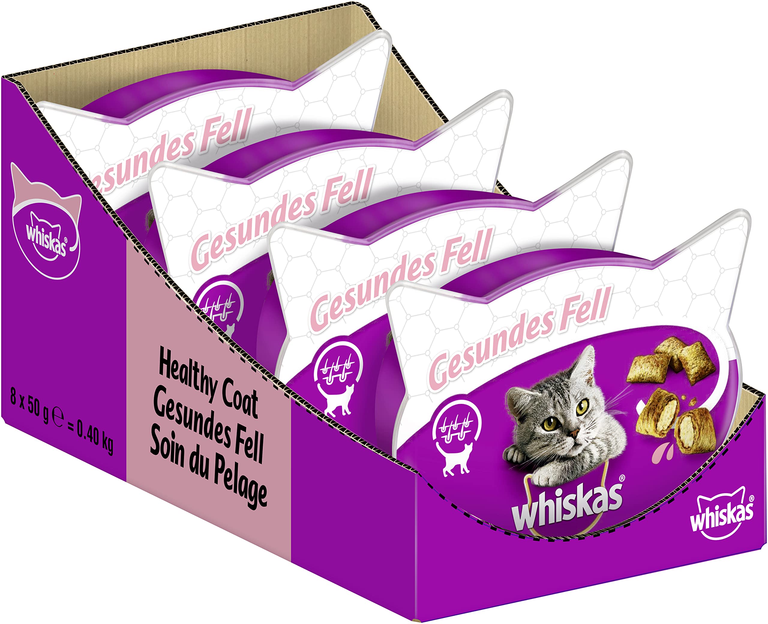 whiskas Snack de Piel Saludable para Gatos para la Salud de la Piel y el Pelo, 8 x 50 g (8 Paquetes), Diferentes envases de Productos Disponibles