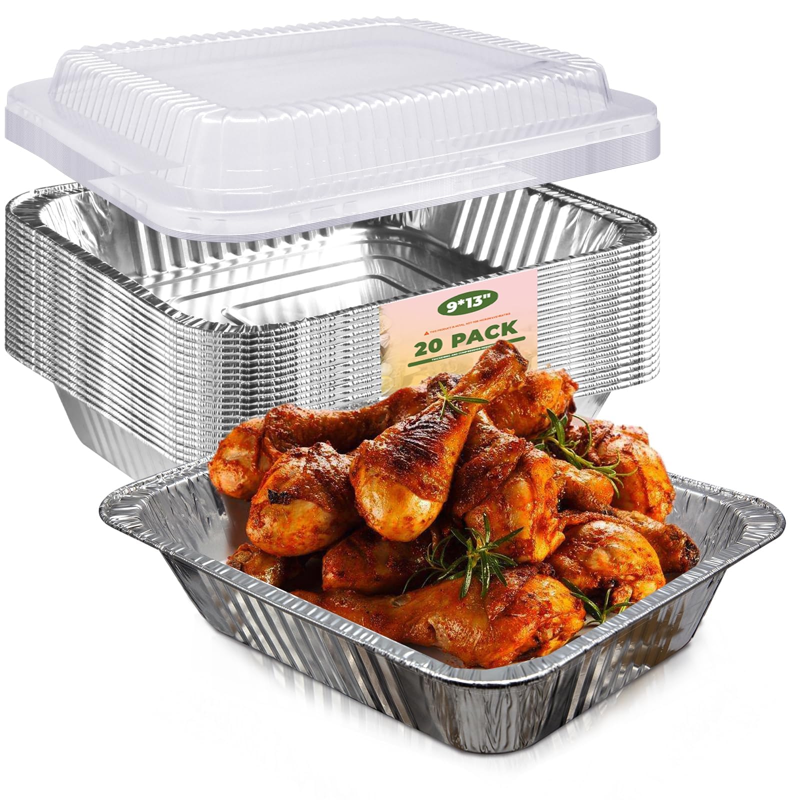 YLT WAX 9x13 Aluminum Pans with Lids, 20 Pack Disposable Foil Pan with Clear Lid, Half Size Deep Extra Heavy Duty Food Containers for Baking, Cooking, Roasting, Heating or Steam Table